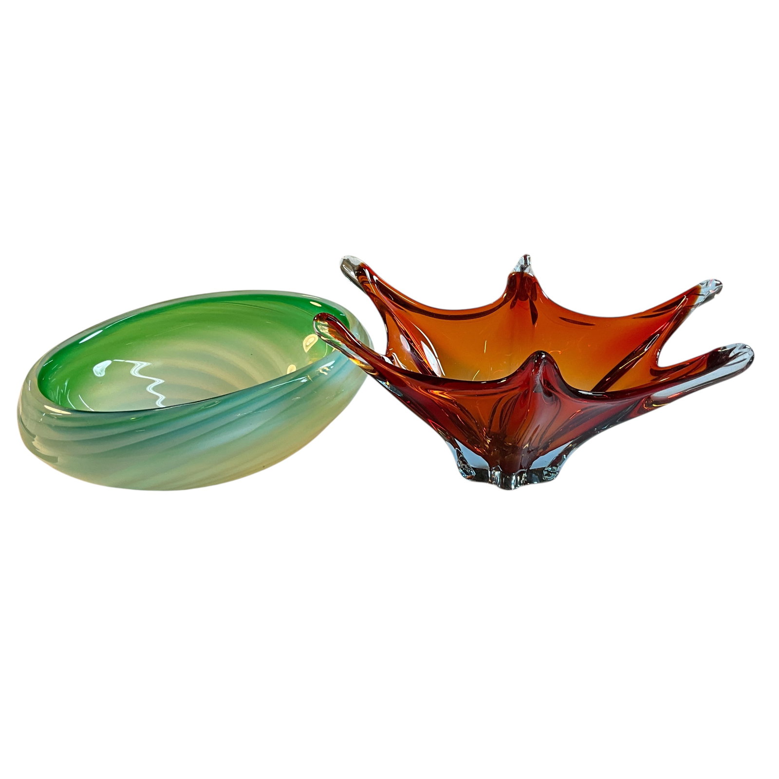 Murano Glass Bowls: Murano Glass Bowls- A spiky, sharply tapered red one, approx. 4.5" high and 9.25" wide, and a very heavy oval bowl with a swirling green pattern.