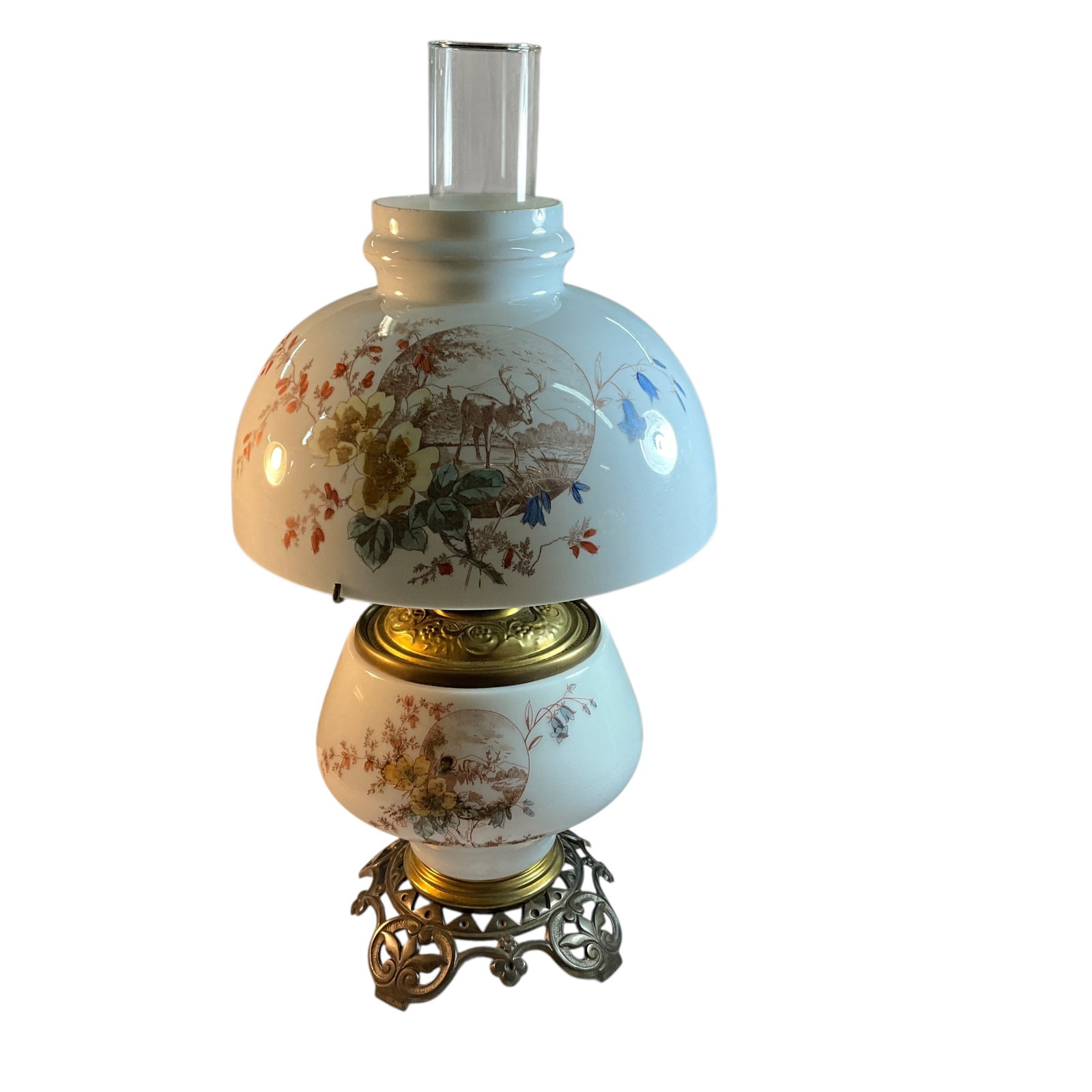 Victorian Milk Glass Oil Lamp With Transferware Decoration: Victorian Milk Glass Oil Lamp With Transferware Decoration. Iron base with brass fittings. Milk glass font and shade with transferware decoration in like new condition. Approx. 19" tall with shade & c