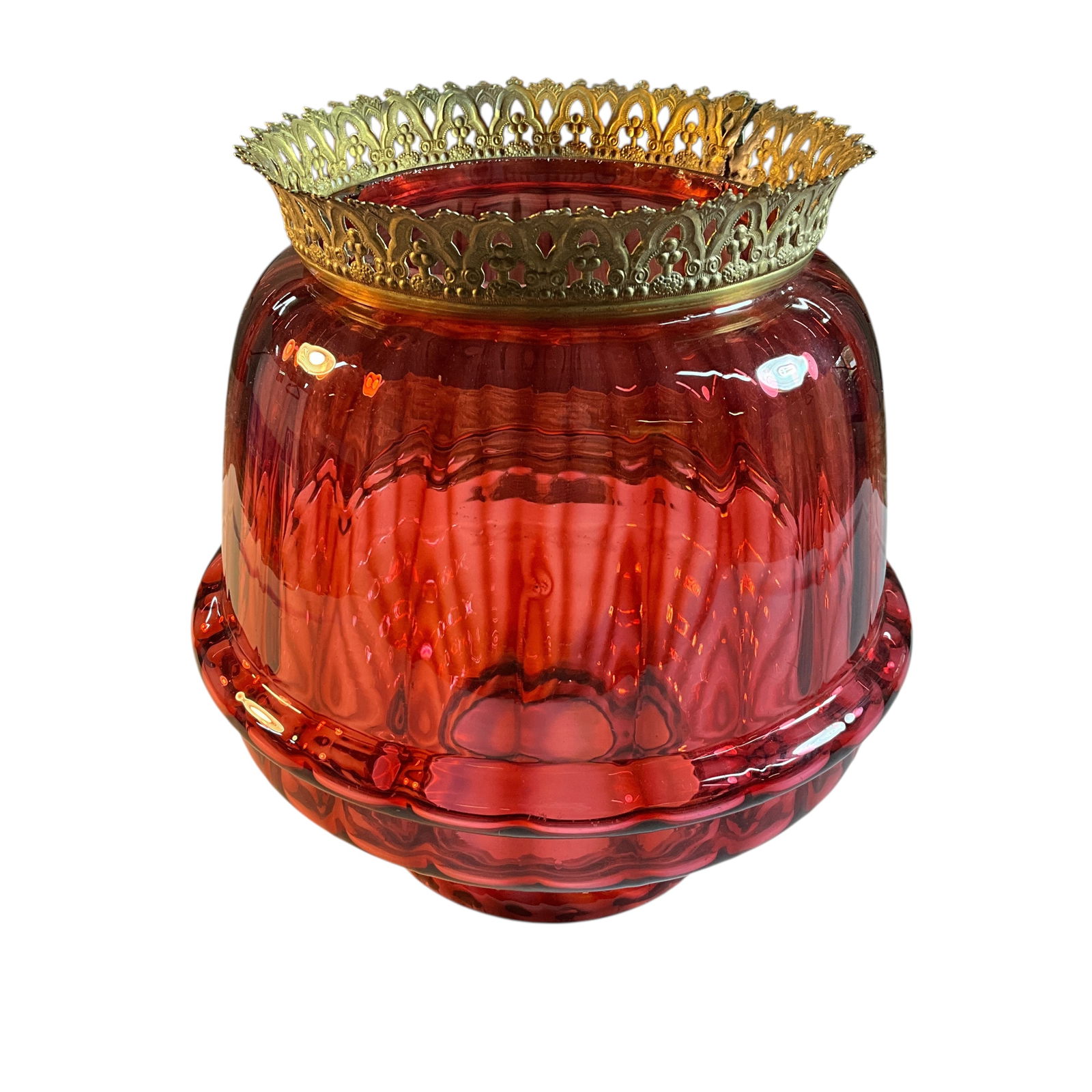 Victorian Fluted Cranberry Shade: Victorian Fluted Cranberry Shade. For a gas fixture or oil lamp, with interior fluting, or "optic strips". Approx. 9" high, with detachable brass trim. 8" in diameter, with a 4.5" fitter. There is one