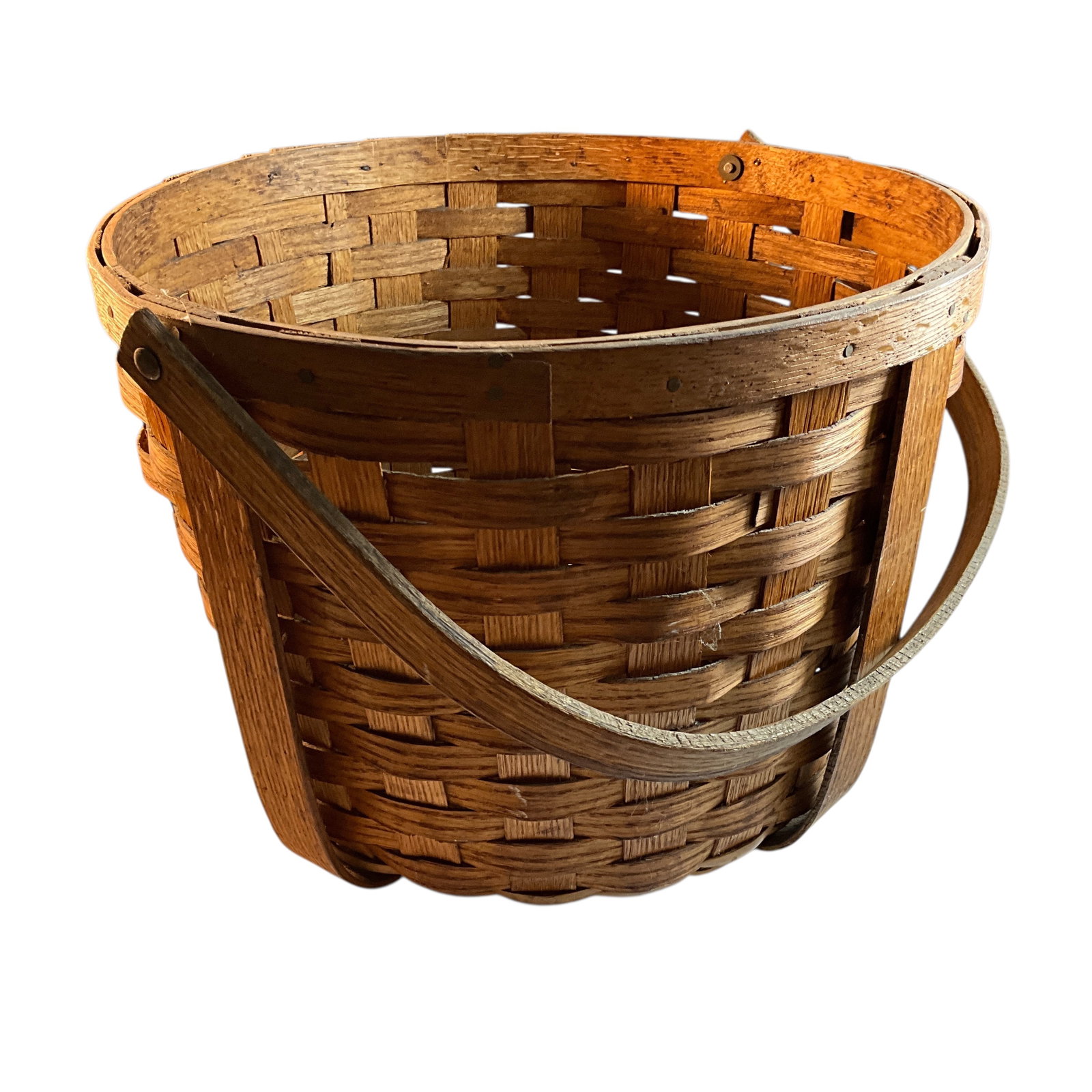 Great Oak Splint Basket: Great Oak Splint Basket, with bale handle. Double rim with 4 vertical supports. Very sturdy.