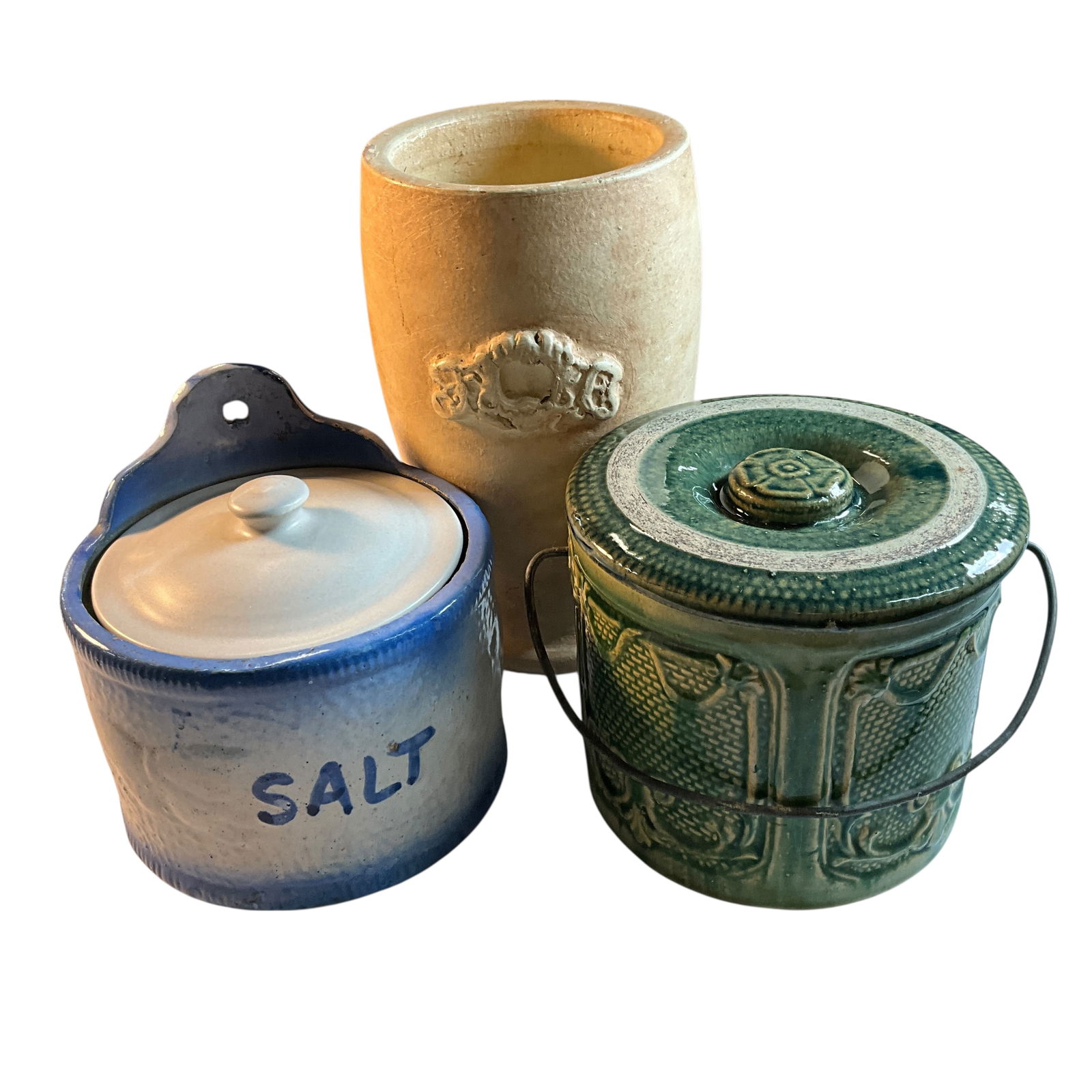 Classic Covered Stoneware: Classic Covered Stoneware- A Blue decorated salt crock with lid (possibly replaced). Free standing or wall mounted, with butterfly decoration. Approx. 6" high, and 6" diameter. An unusual green glazed