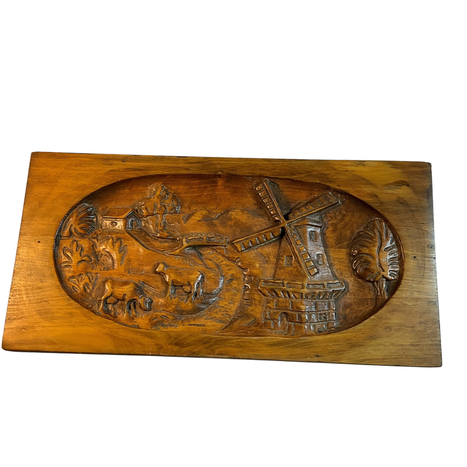 Deeply Carved Dutch Themed Panel: Deeply Carved Dutch Themed Panel. Windmill and farm scene with cattle.