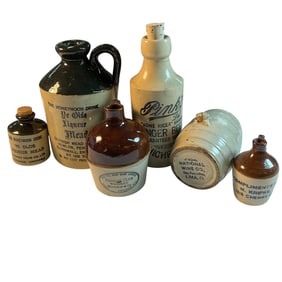 Group of 6 Stoneware Miniature Liquor Bottles & Jugs