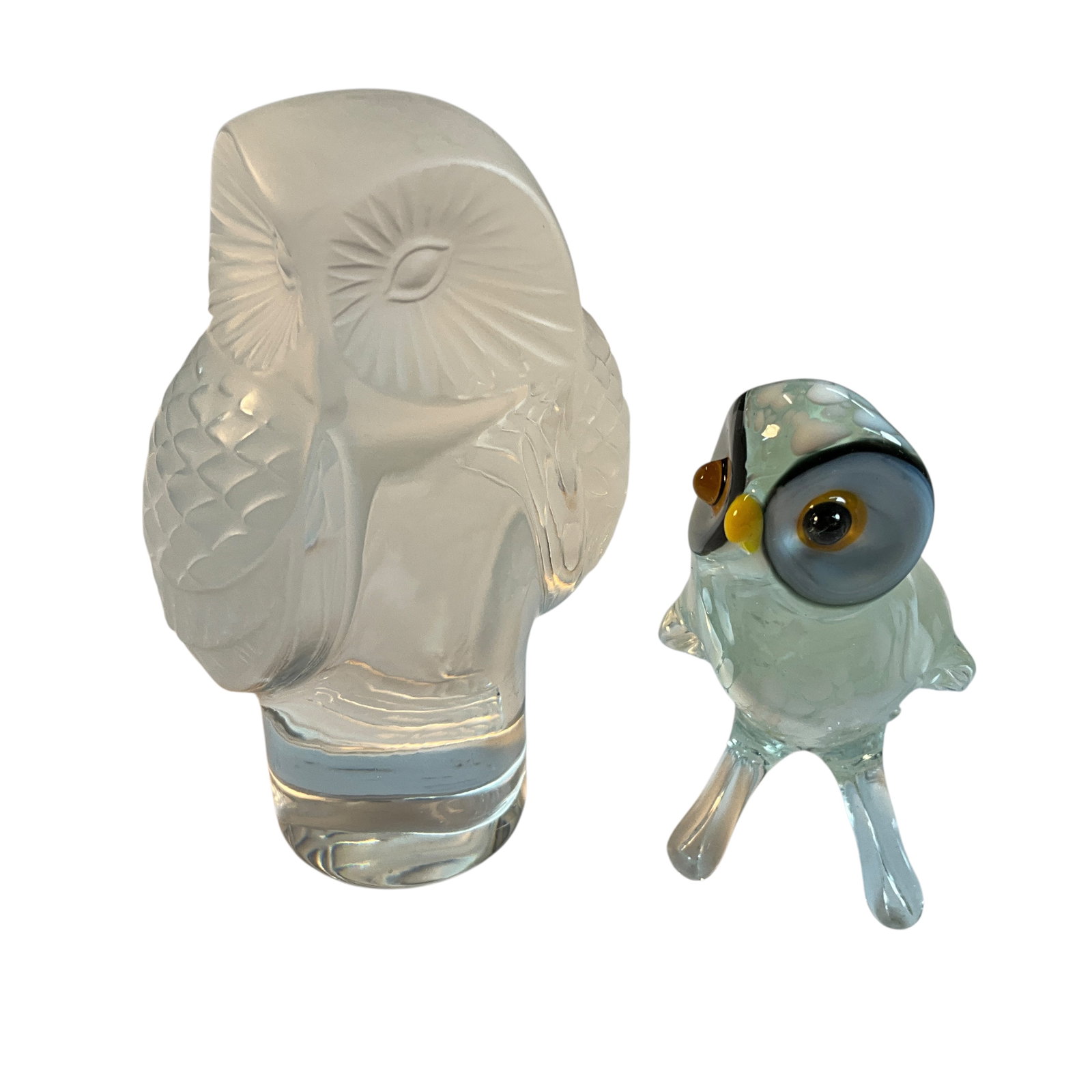 Two Glass Owls, Including Lalique: Two Glass Owls, Including Lalique owl paperweight, 3.5" high. Also a small handcrafted glass owl, with broken wingtips.