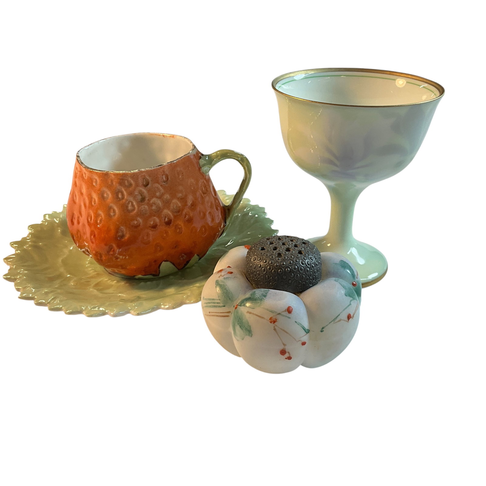 Royal Bayreuth, Mt. Washington, Fukagawa Porcelain: Royal Bayreuth, Mt. Washington, Fukagawa Porcelain. Unmarked Royal Bayreuth Strawberry cup & saucer. There is a 1" tight closed end hairline crack in the cup- see photos. A Mt. Washington Melon shaker