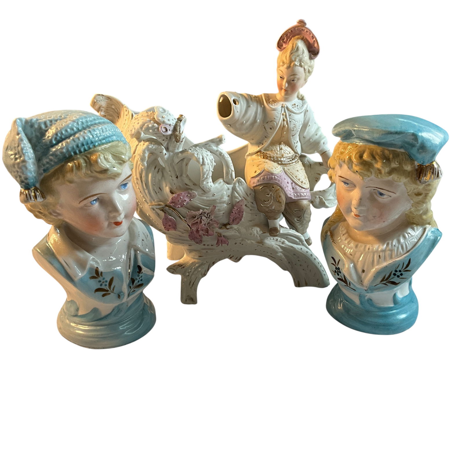 German Porcelain: German Porcelain. A bisqueware planter with an Asian lady, whose articulated arm is unfortunately missing. With a pair of small hand painted busts of a boy & girl. Planter is approx. 8" tall, and 7.5"