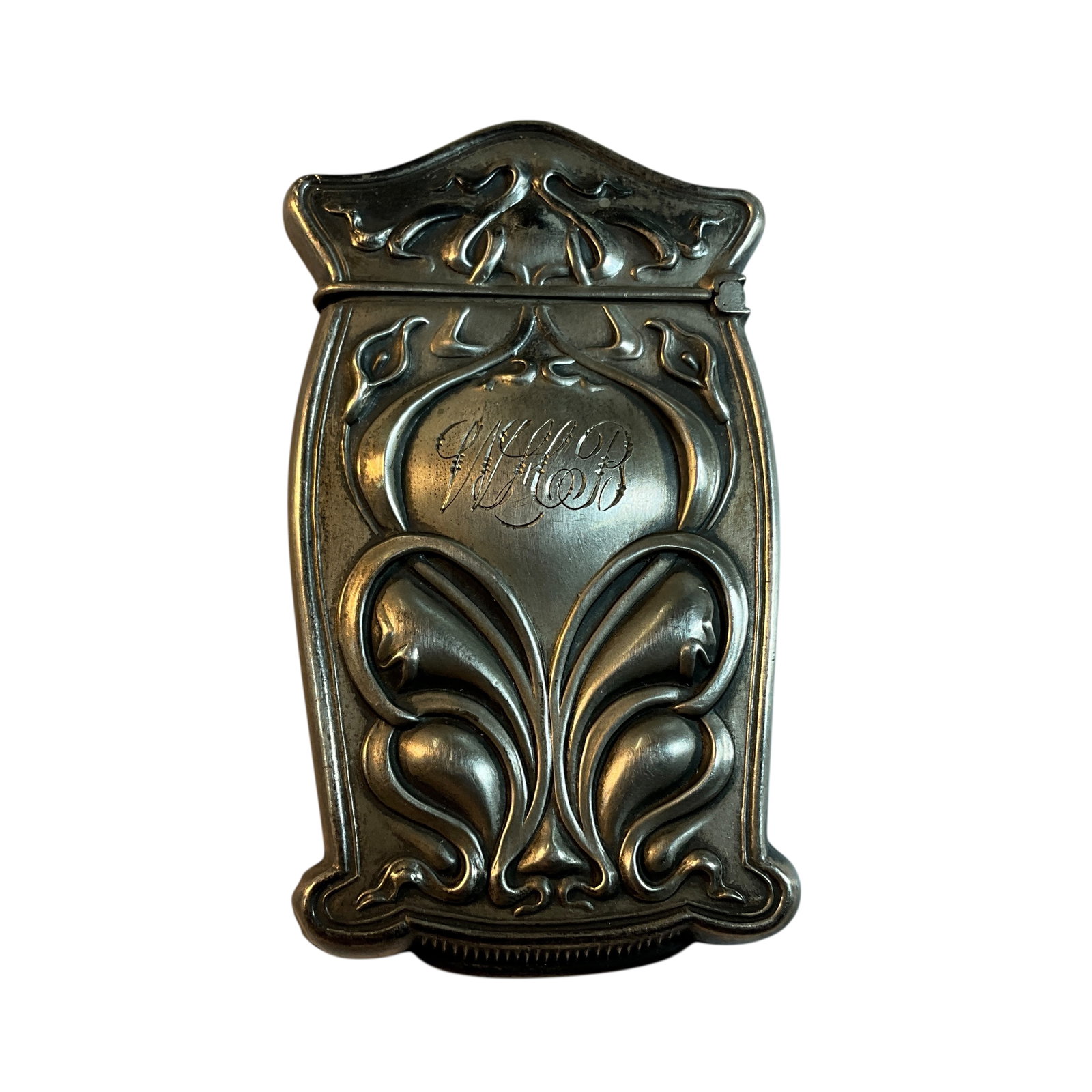 Sterling Art Nouveau Match Safe: Sterling Art Nouveau Match Safe. Features a dog on one side, and "W H B" monogram on the other. Bottom striking surface. Marked sterling.
