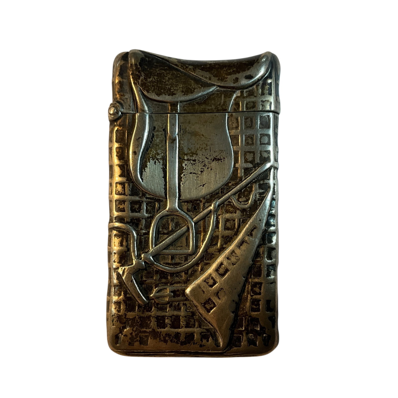 Sterling Victorian Polo Motif Match Safe: Sterling Victorian Polo Motif Match Safe. Features a saddle and polo mallet on a cross hatched blanket. Marked sterling. Heavily dented- looks like the owner may have taken a spill or two in a polo ma