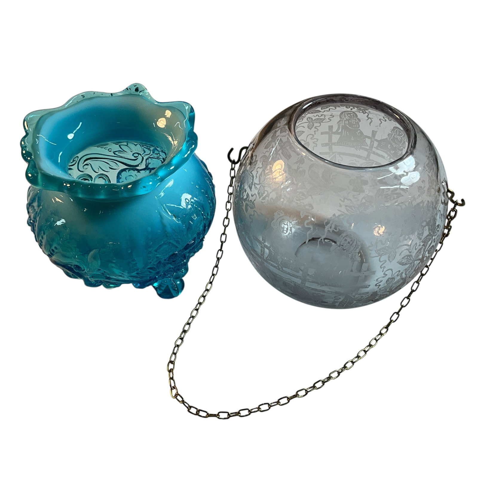 Etched and Pattern Glass Bowls: Etched and Pattern Glass Bowls. A Sowerby Piasa Bird blue opalescent footed glass bowl, and an etched "Sisters" rose bowl with hanging chain. Sisters bowl is approx. 4.5" high, 5" in diameter, with an