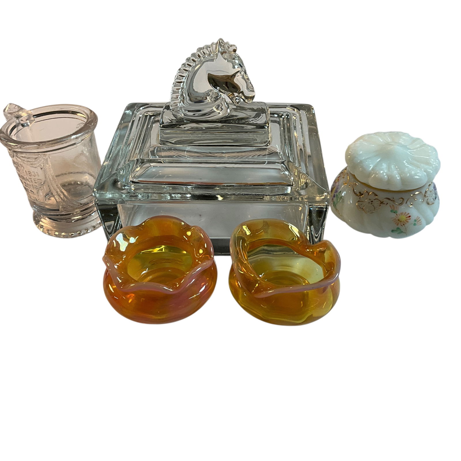 Monot & Stumpf Glass Salts, James Garfield Toothpick Holder, Heisey Cigarette Box: Monot & Stumpf Glass Salts, James Garfield Toothpick Holder. A pair of lovely opalescent glass open salts by Monot & Stumpf, Patin France, a James Garfield commemorative toothpick holder, an unmarked