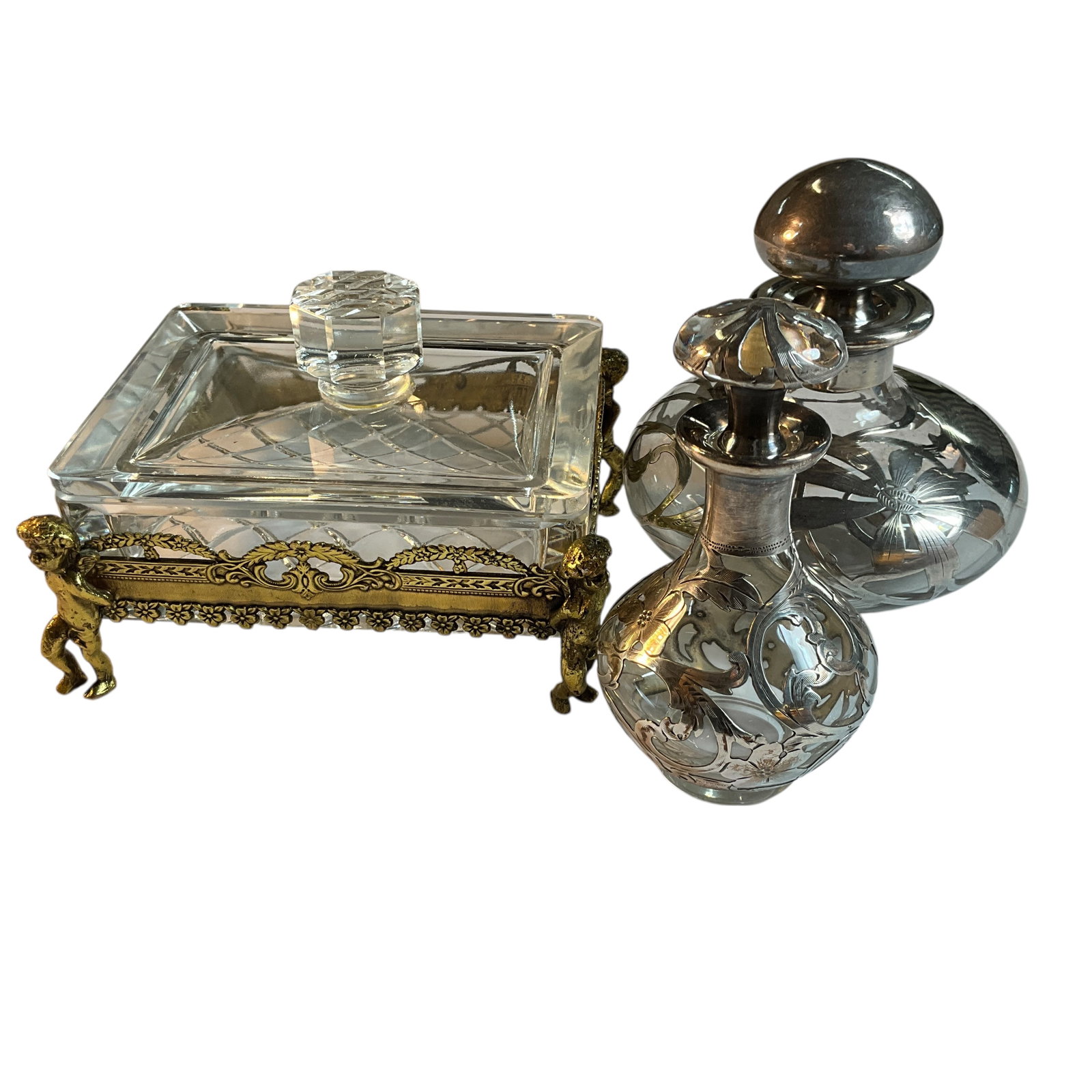Glass Dresser Box and Two Sterling Overlay Perfumes: Glass Dresser Box and Two Sterling Overlay Perfumes. Dresser Box is approx. 4.5" X 5.5" X 3.75" high.