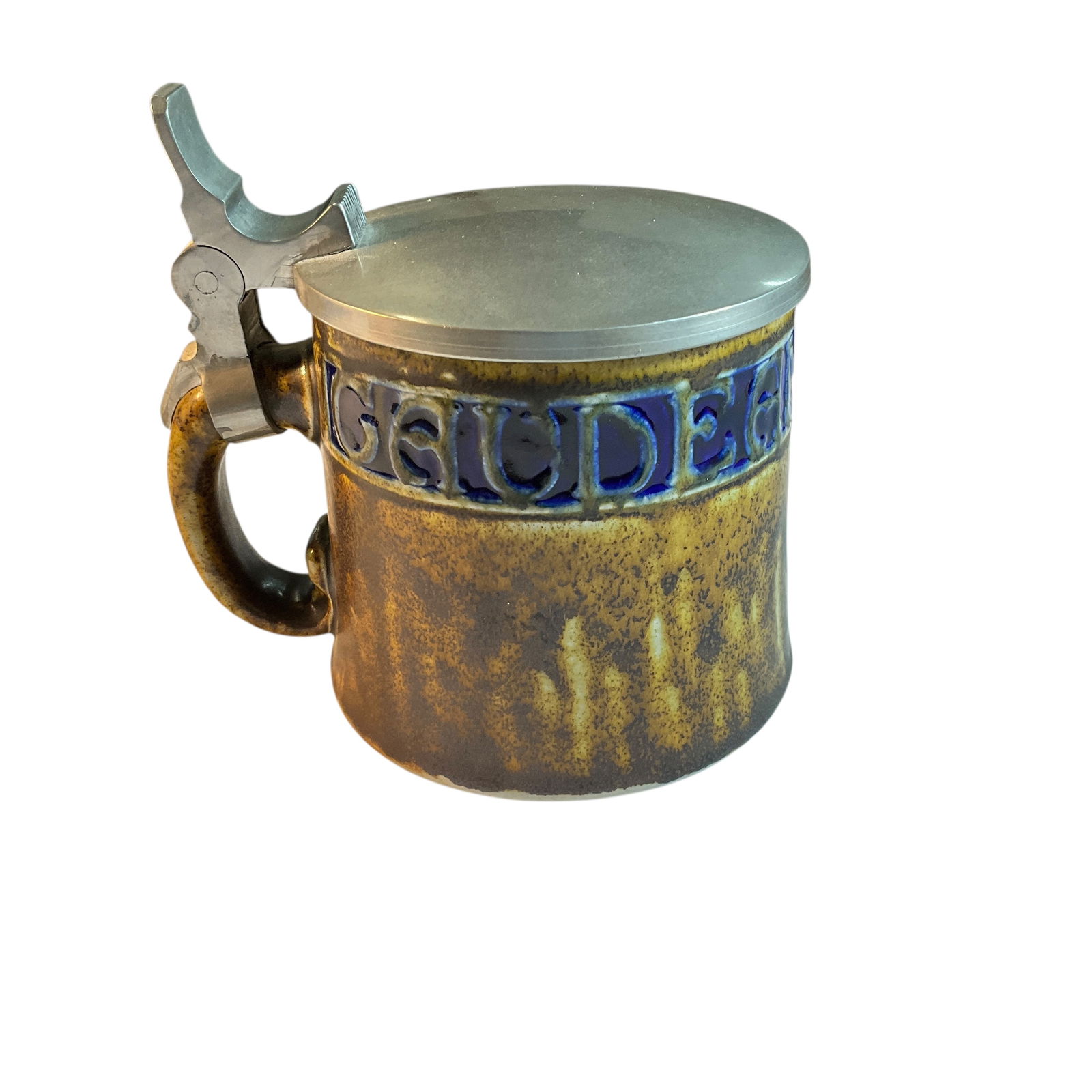 Reinhold Merkelbach "Gaudeamus Igitur" Beer Stein: Reinhold Merkelbach "Gaudeamus Igitur" SAlt Glazed Beer Stein with Pewter Lid, Designed in 1906 by Richard Riemerschmid, key figure in the German Art Nouveau (Jugendstil) movement. The Latin phrase, "