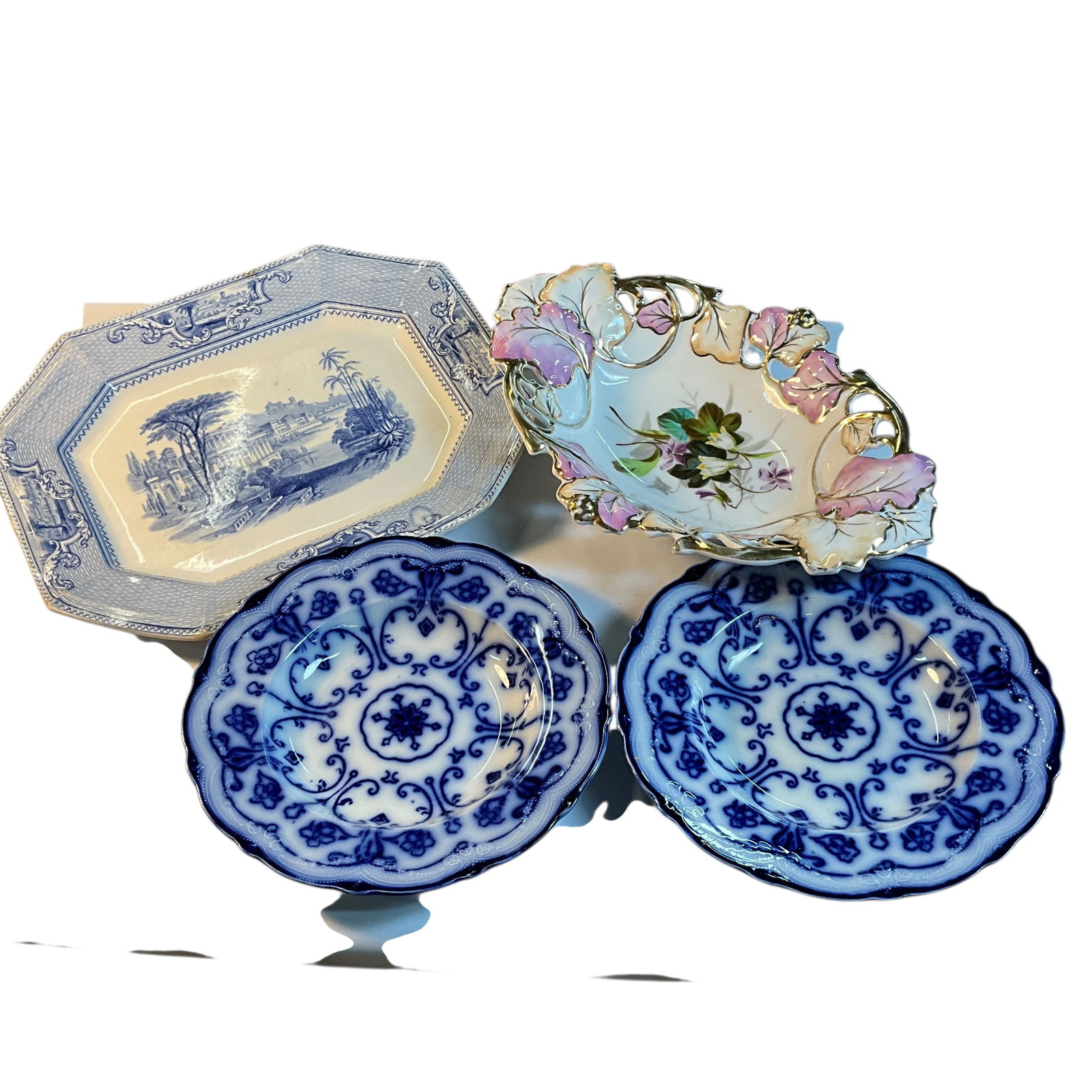 Victorian Porcelain Group: Victorian Porcelain Group- A hand painted Carl Tielsch C. T. Altwasser oval 9" X 13" dish, two Conway English flow blue 9" soup bowls, and a Ridgeway "Palestine" pattern platter from the 1830's, appro