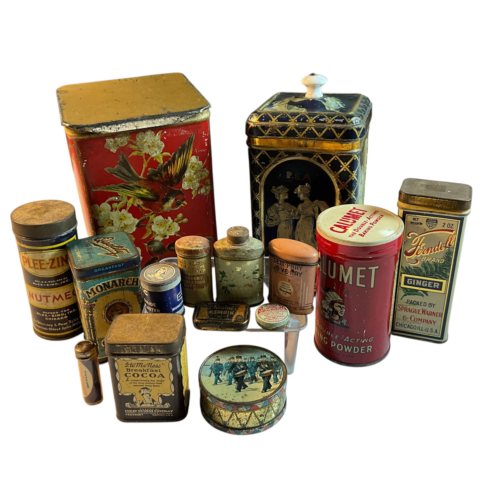Group of Fifteen Advertising Tins: Group of Fifteen Advertising Tins- various sizes including sample sizes, for items such as tea, cocoa, spices, powder, medicine, etc.
