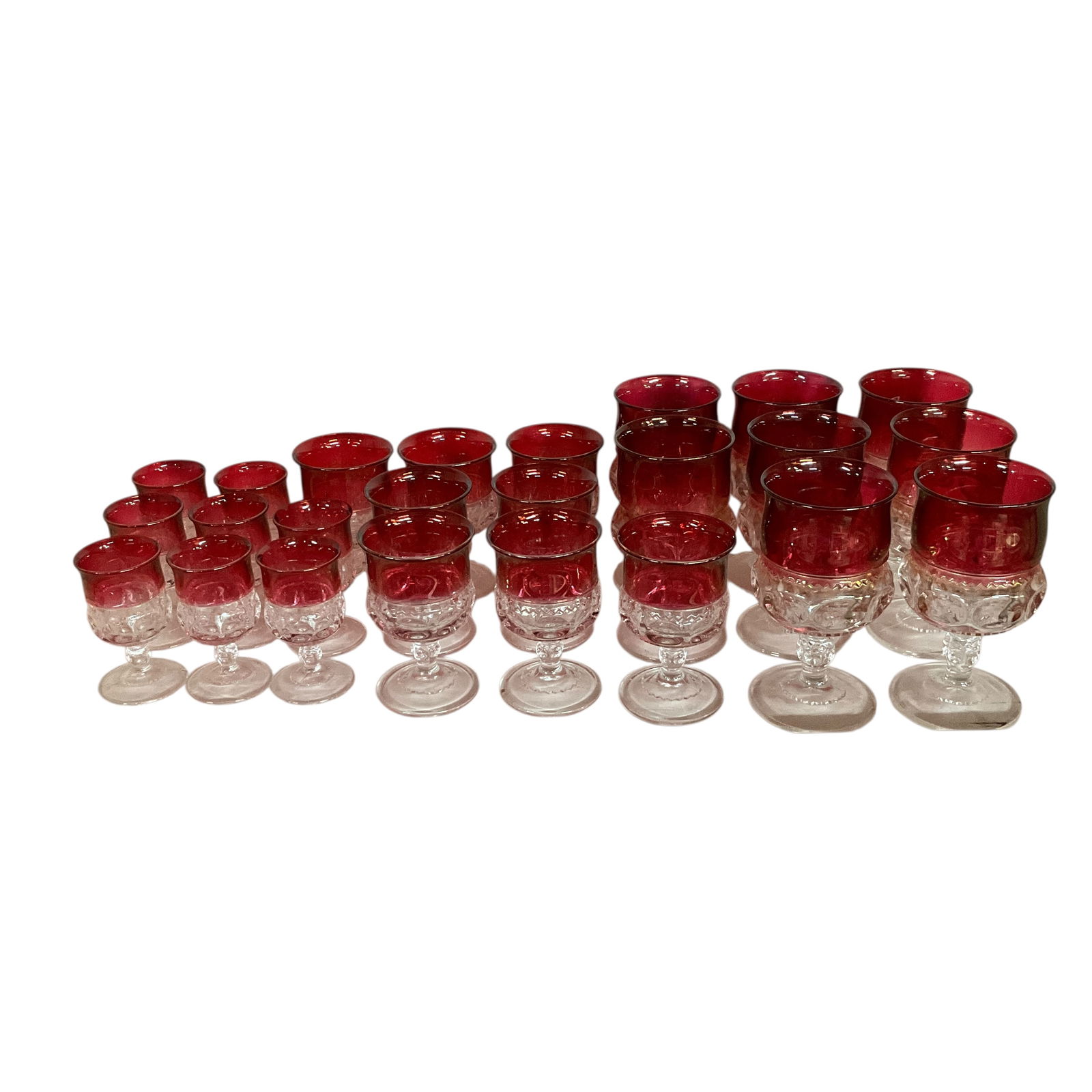 Tiffin-Franciscan "KIngs Crown" Ruby Flash Stemware: Tiffin-Franciscan "KIngs Crown" Ruby Flash Stemware. Eight each, 6" Goblets, 4.5" Wine, 3.75" Cordials.