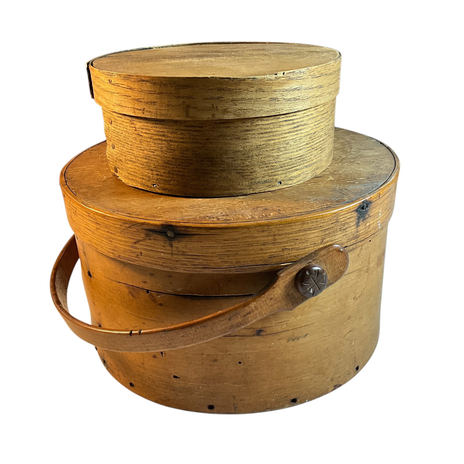 Two Shaker Boxes: Two Shaker Boxes. A great 9.5" diameter round box with a wooden bale, held on with wooden pins, and a smaller 5.5" diameter box.