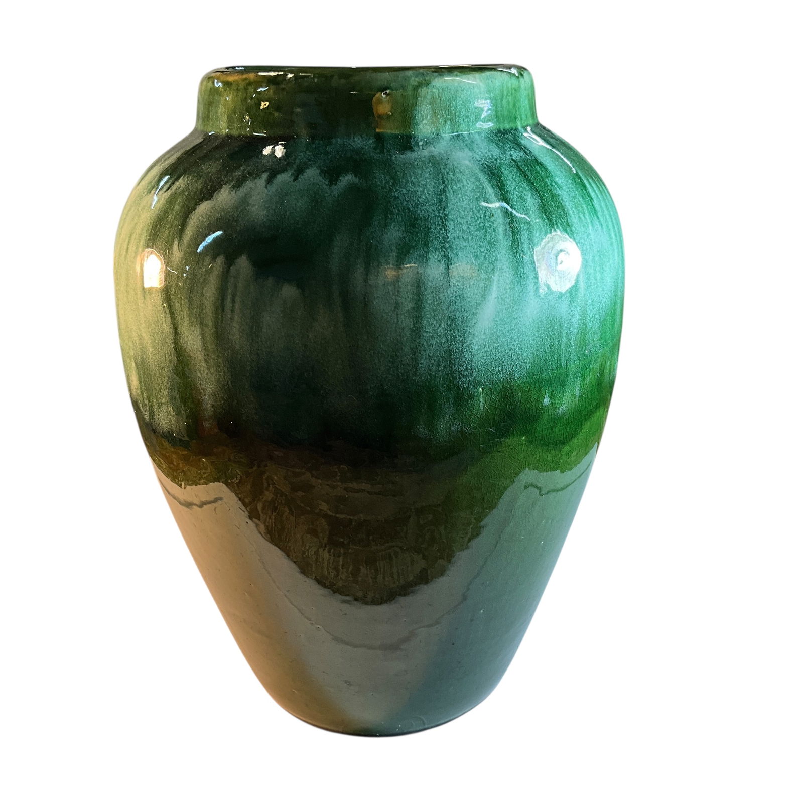 Robinson Ransbottom Large Urn: Robinson Ransbottom Large Urn. High gloss mottled green glaze. Marked R.R.P.C. Roseville, USA.