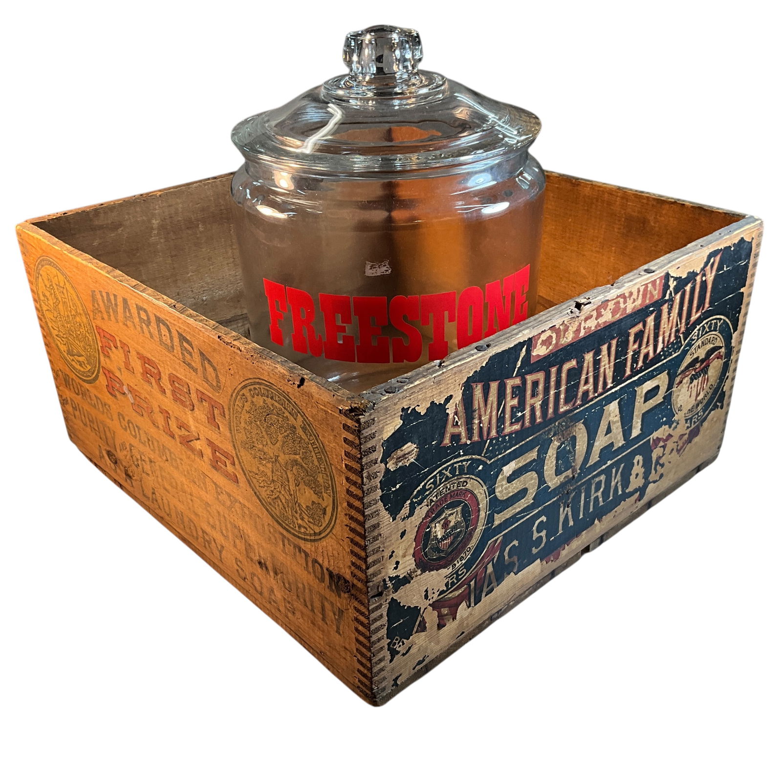 Country Store Soap Crate and Countertop Jar: Country Store Soap Crate and Countertop Jar. American family Soap crate with great graphics on all four sides, and a countertop jar marked "Freestone". Possibly a pickle jar(?).