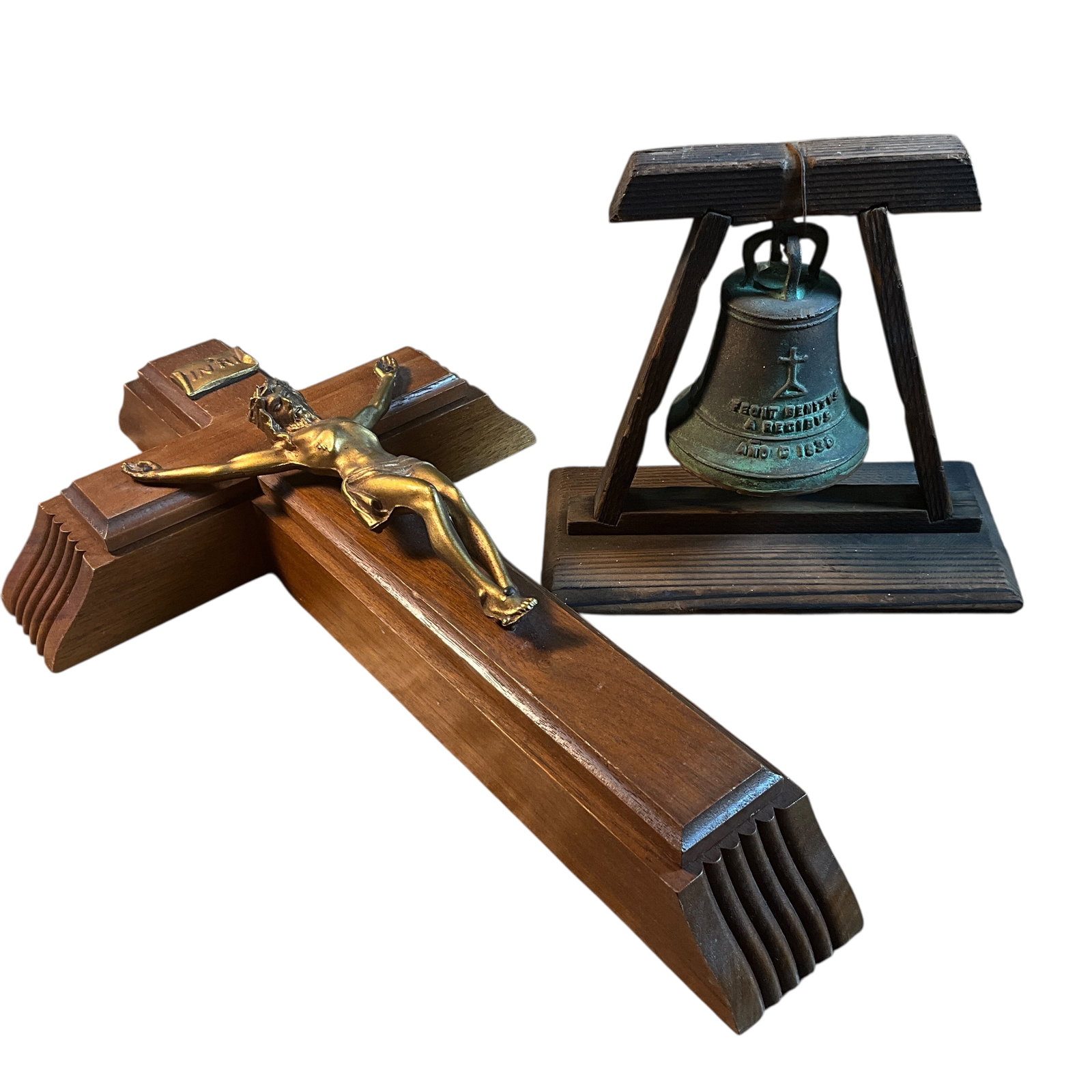 Mission Inn Bell and Sick Call Crucifix: Mission Inn Bell and Sick Call Crucifix. Bronze souvenir bell from the Mission Inn, Riverside California, and dating from the early 20th Century. Approx. 6" high, with the original wooden stand. Also 
