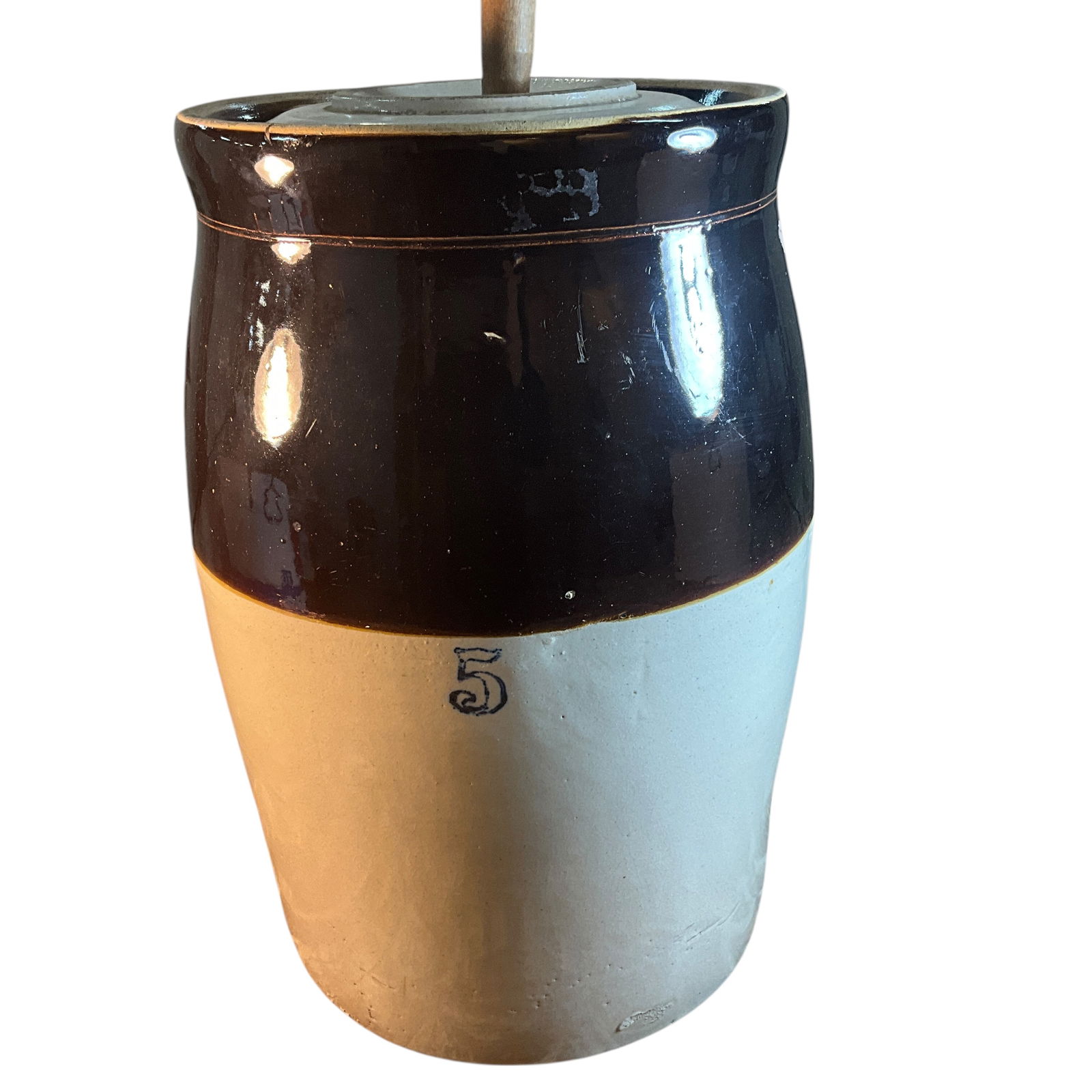 Five Gal. Stoneware Churn: Five Gal. Stoneware Churn. Brown & white glaze with cobalt stencilled "5." Original dasher, lid has one large rim chip.