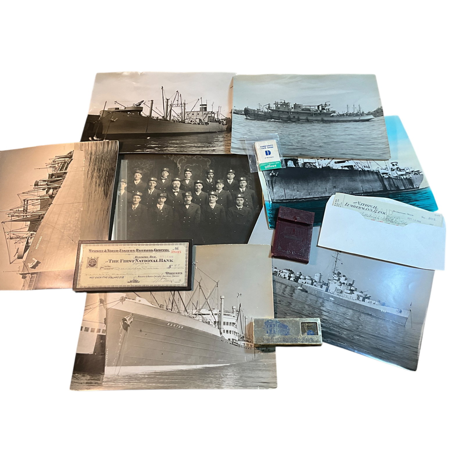 Great Lakes/Western Michigan Memorabilia: Great Lakes/Western Michigan Memorabilia. An eclectic grouping- a group photo from Holland, MI of uniformed men- Fire Dept? RR or steamship line? Six large 11" X 14" ship photos- Great Lakes and/or oc