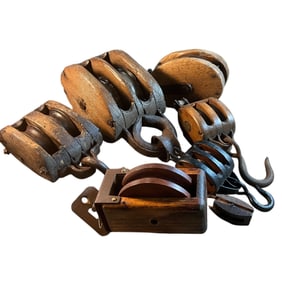 Group of Six Vintage Wood & Iron Pulleys