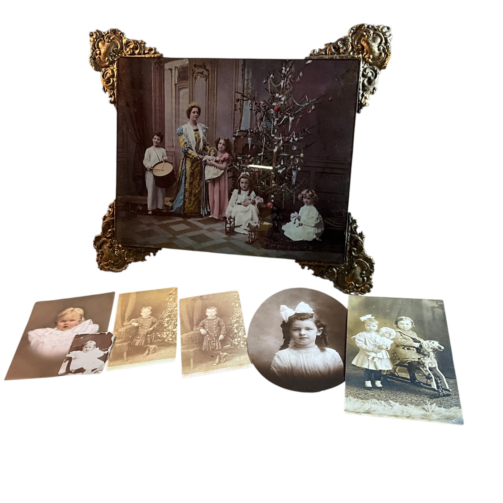 Antique Children's Photographs, Framed Christmas Chromolithograph: Antique Children's Photographs, Framed Christmas Chromolithograph. A framed Chromolithograph print of a wealthy Victorian Mother & children around a Christmas tree, on Christmas morning. There are als