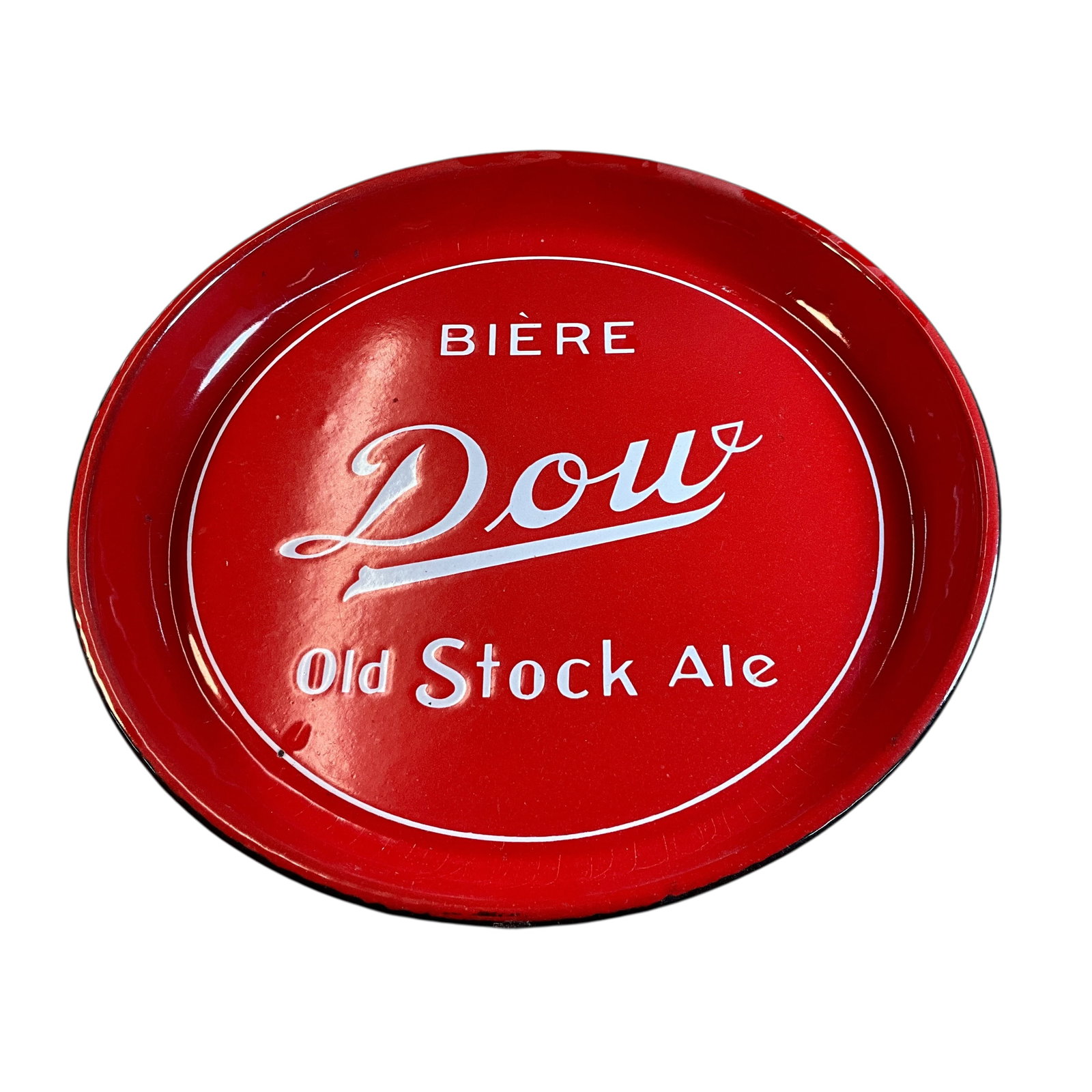 Porcelain Enameled Beer Tray- Dow Ale: Porcelain Enameled Beer Tray- Dow Ale. Red & black tray with white lettering- "Biere Dow Old Stock Ale." In very good to excellent condition, with no noted chips in the porcelain enamel.