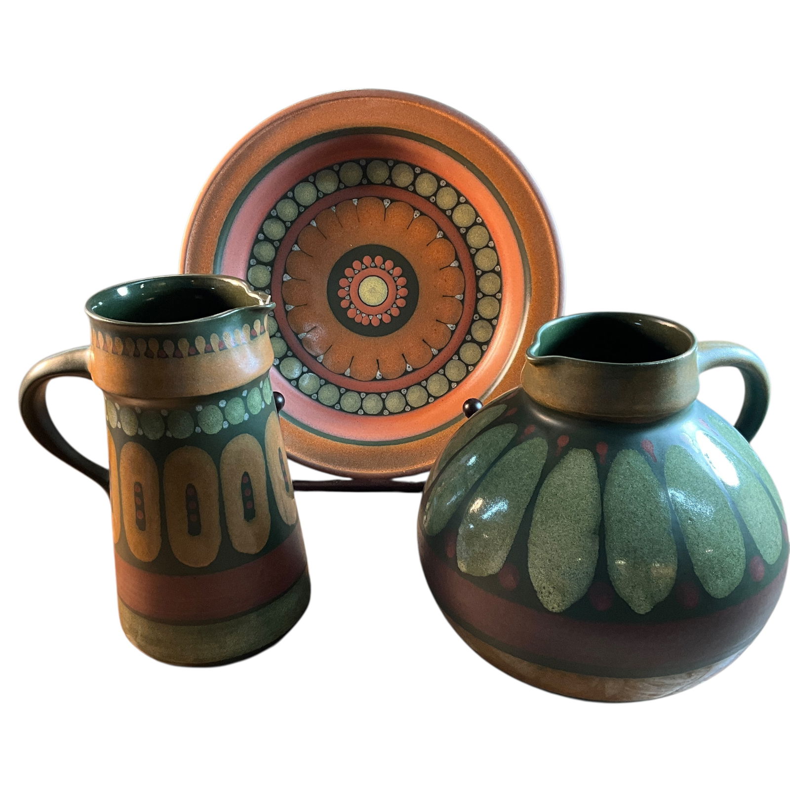 Spanish Porta Celi Art Pottery: Spanish Porta Celi Terracotta Art Pottery. A large bulbous pitcher, a tall cylindrical pitcher with a chipped spout, and a large shallow dish on an iron stand. There is an old glue repair to a break o