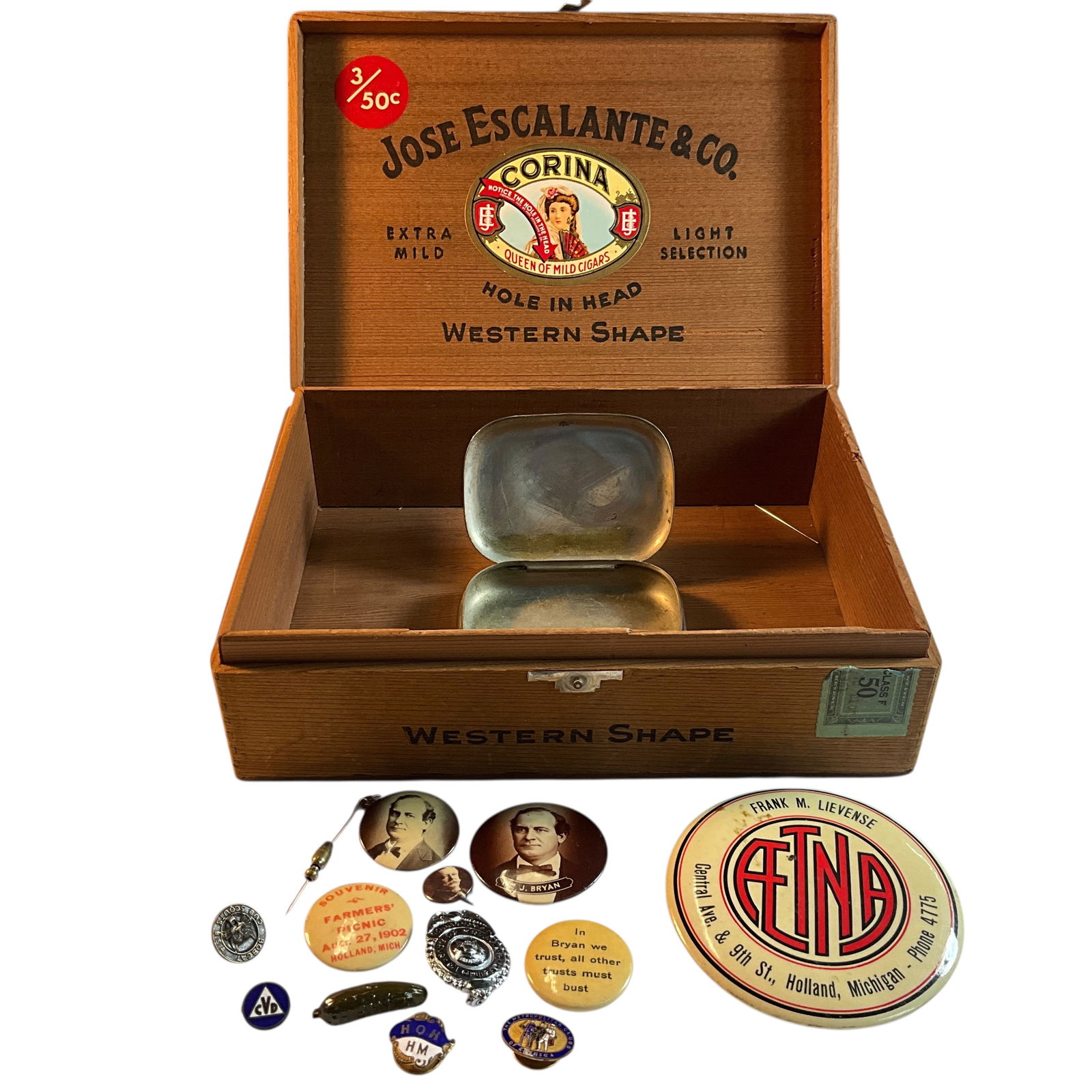 Cigar Box with Advertising Mirror, Political Items: Cigar Box with Advertising Mirror, Political Items. A vintage cigar box with metal hinges, with an Aetna Insurance advertising mirror from Holland MI> There is also a small metal box containing a numb