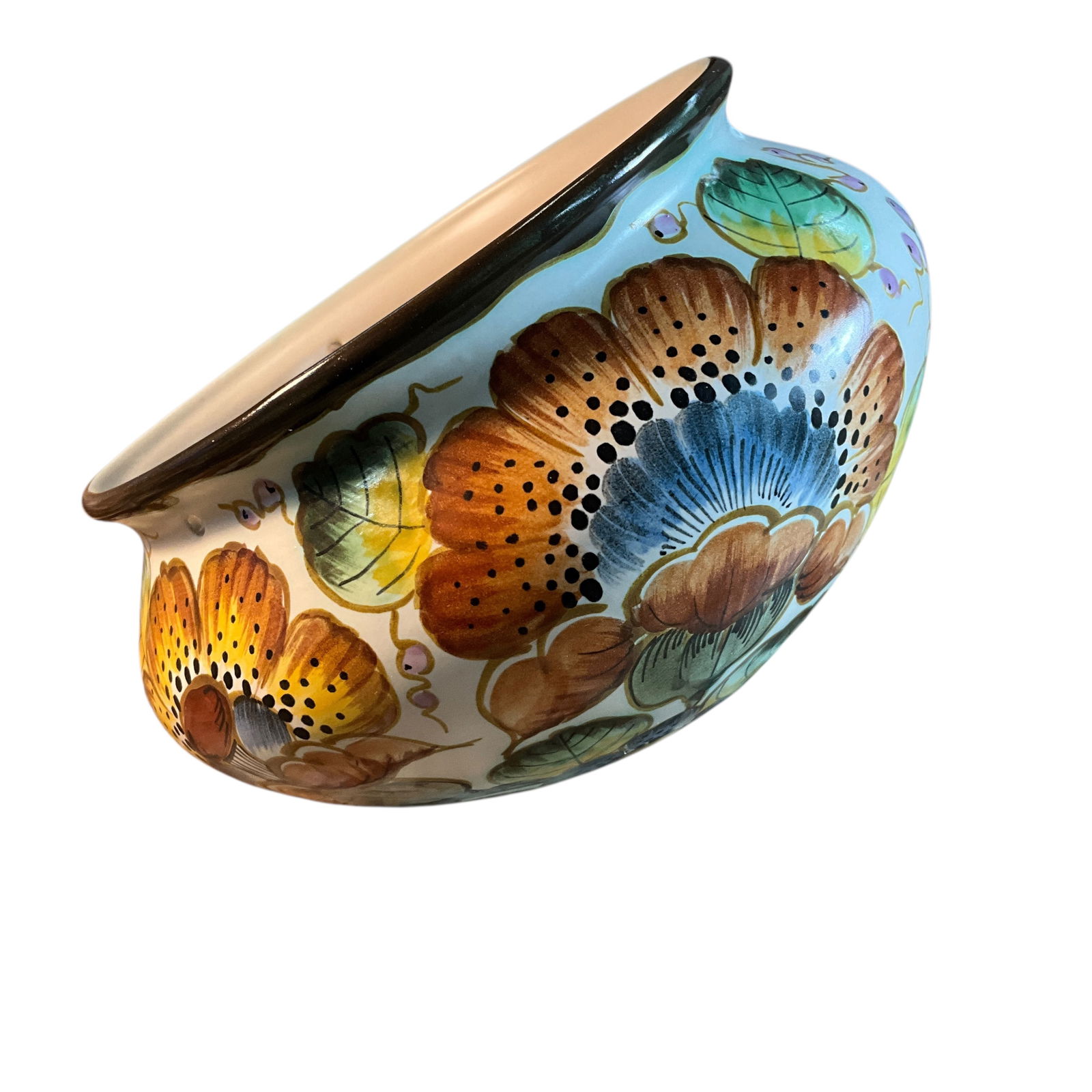 Dutch Gouda Pottery Hanging Planter: Dutch Gouda Pottery Hanging Planter. Hanging planter, with 3 holes for a chain or string hanger. Colorful hand painted decoration