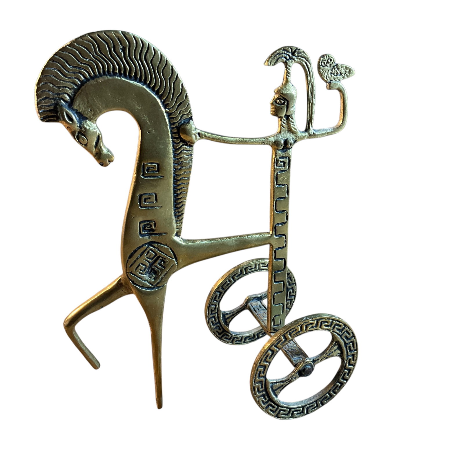 Brass Sculpture of the Greek Goddess Athena: Brass Sculpture of the Greek Goddess Athena, depicted as riding a chariot and holding an owl, symbol of wisdom. After an ancient original, approx. 10.5" tall