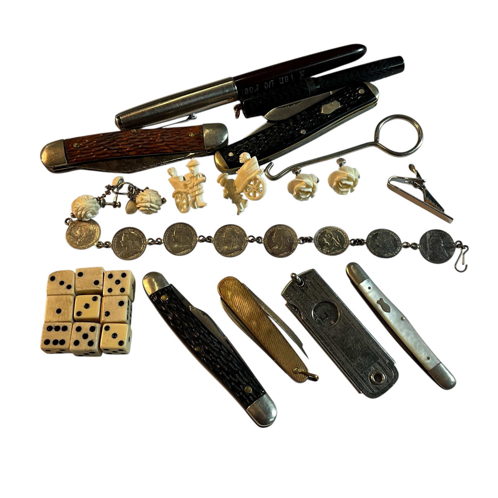 Trinket Box- Pocket knives, Fountain Pens, Jewelry, Dice: Trinket Box- Pocket knives, Fountain Pens, Jewelry, Dice. Six pocket or pen knives by Kingston, Manhattan Cutlery, others; two vintage fountain pens, a Victorian coin bracelet, 3 pairs of clip earring