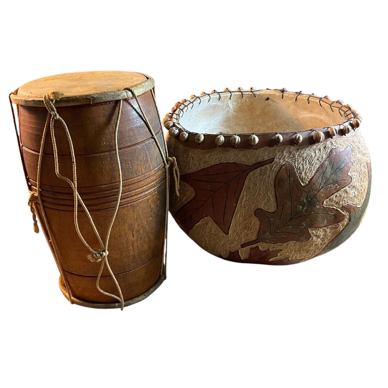 Native American Gourd Container and Wooden Drum: Native American Gourd Container and Wooden Drum. Gourd container with beaded rim and relief carved autumn leaves. Signed Ethel Owens, 1995 on bottom. Wooden drum has leather heads, and needs a bit of