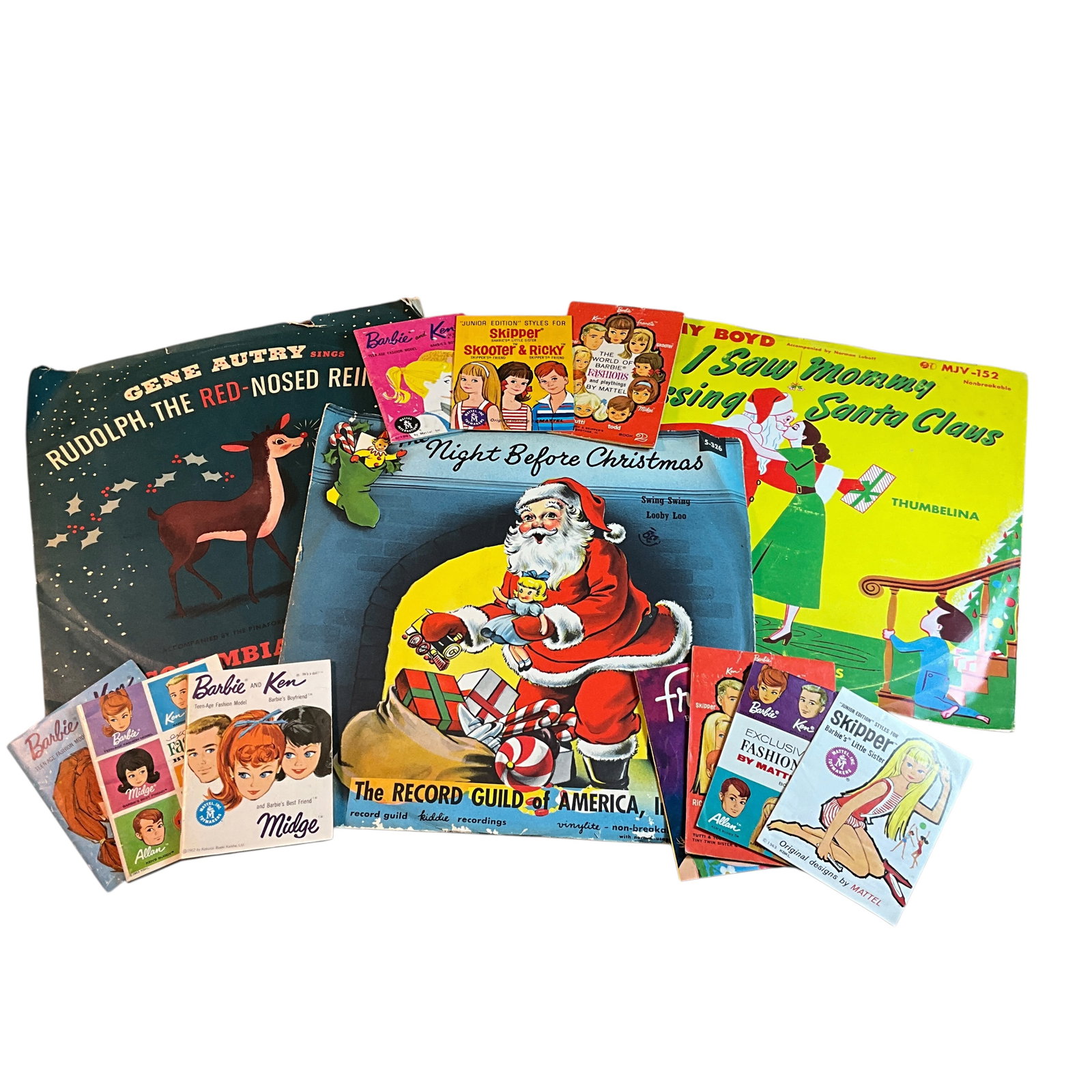 Lot of Barbie & Ken Fashion Catalogs and Christmas Records: Lot of Barbie & Ken Fashion Catalogs and Christmas Records. Mini catalogs for outfits for Barbie, Ken, Midge, Allan, Skipper, and Skooter, as well as Francie and others. Christmas records are Gene Aut
