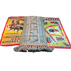 Two Vintage Spanish Bullfighting Posters, Embroidered Table Runner