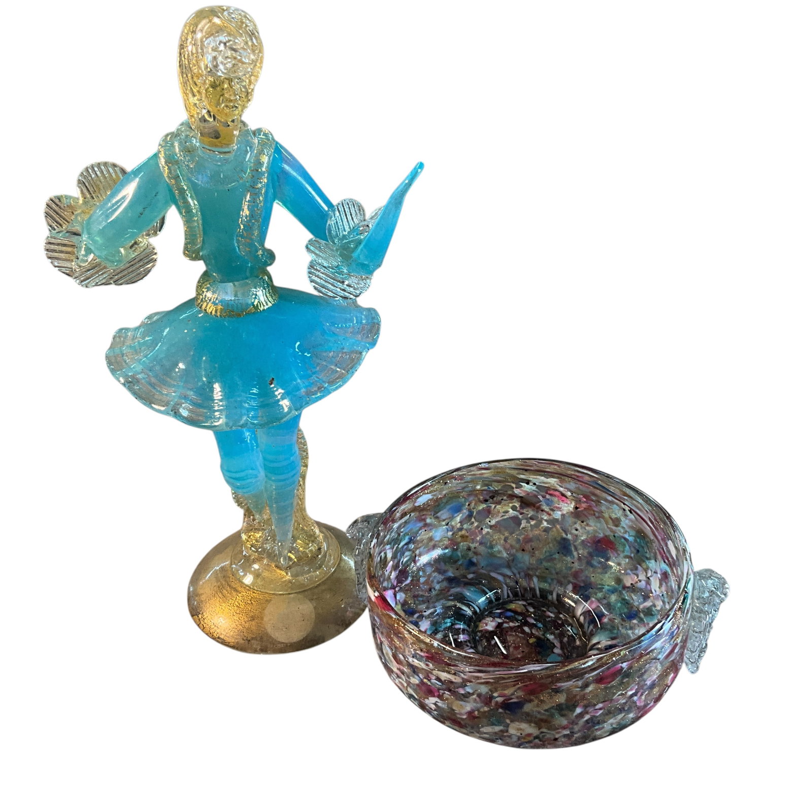 Murano Glass Ballerina and Spatter Glass Bowl: Murano Glass Ballerina and Spatter Glass Bowl. Blue ballerina with gold accents, approx. 9.5" high. Spatter glass bowl with applied handles, approx. 4.5" in diameter.