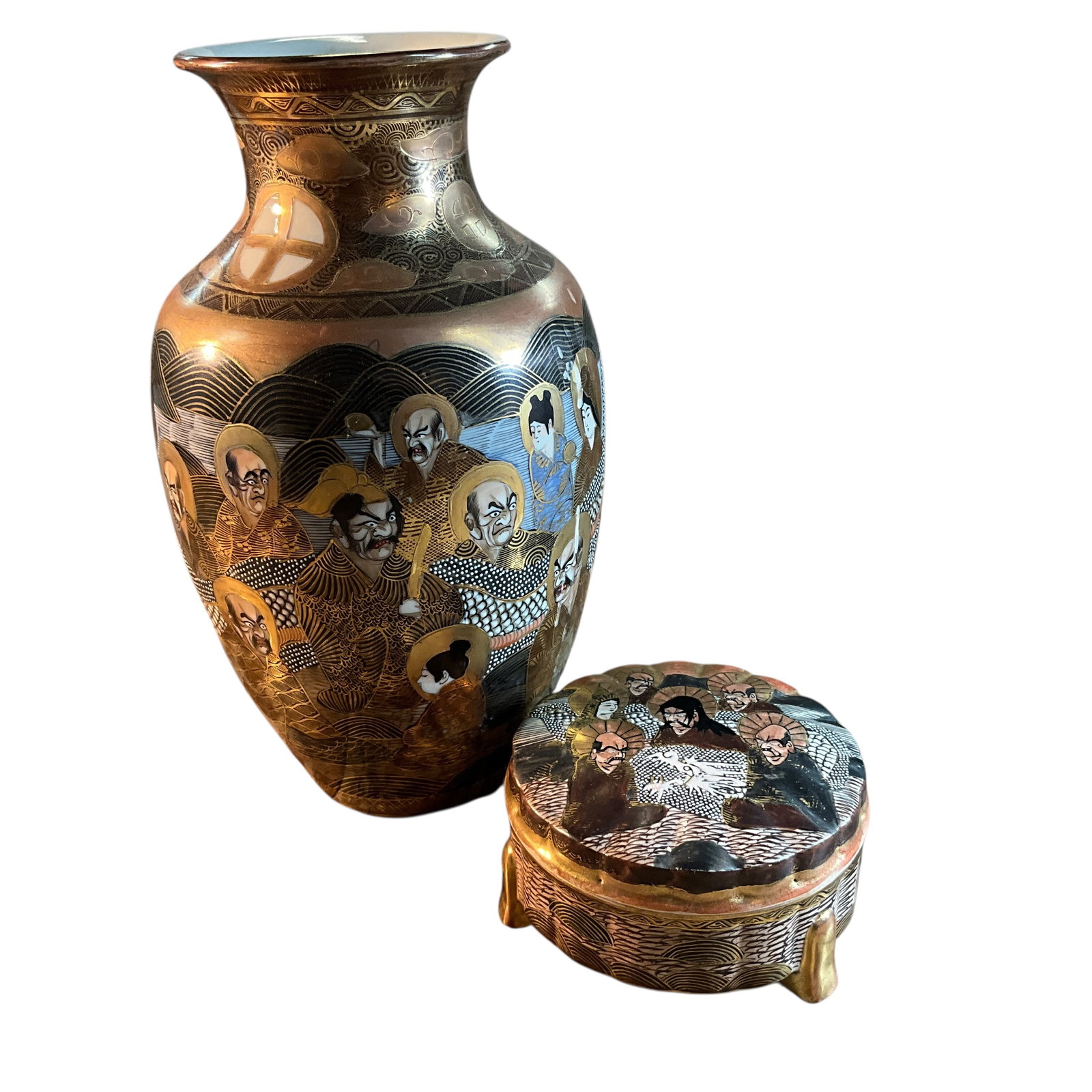 Japanese Satsuma Vase & Covered Box: Japanese Satsuma Vase & Covered Box. Hand painted, vase is approx. 11.25" tall, and dresser box is approx. 5" in diameter