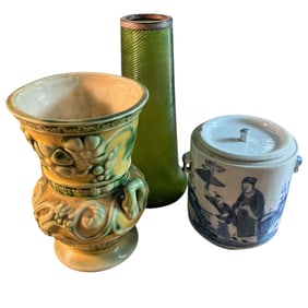 Covered Chinese Jar & Two Vases