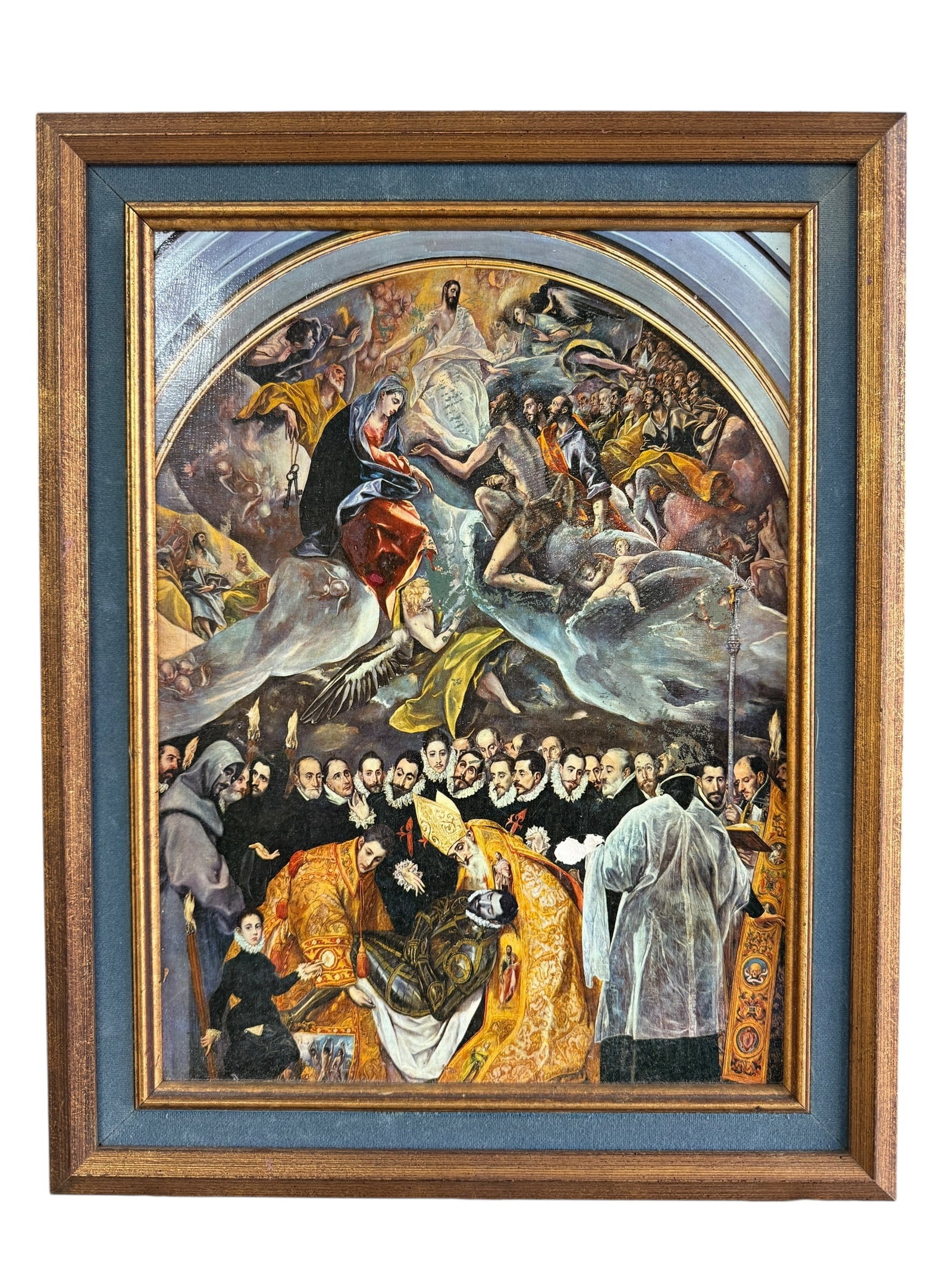 The Burial of Count of Orgaz-El Greco: A copy of the famous painting. a varnished print in a nice frame. There is damage in some paint loss and transfer. Please see photos. 15.25 w X 19.5 t