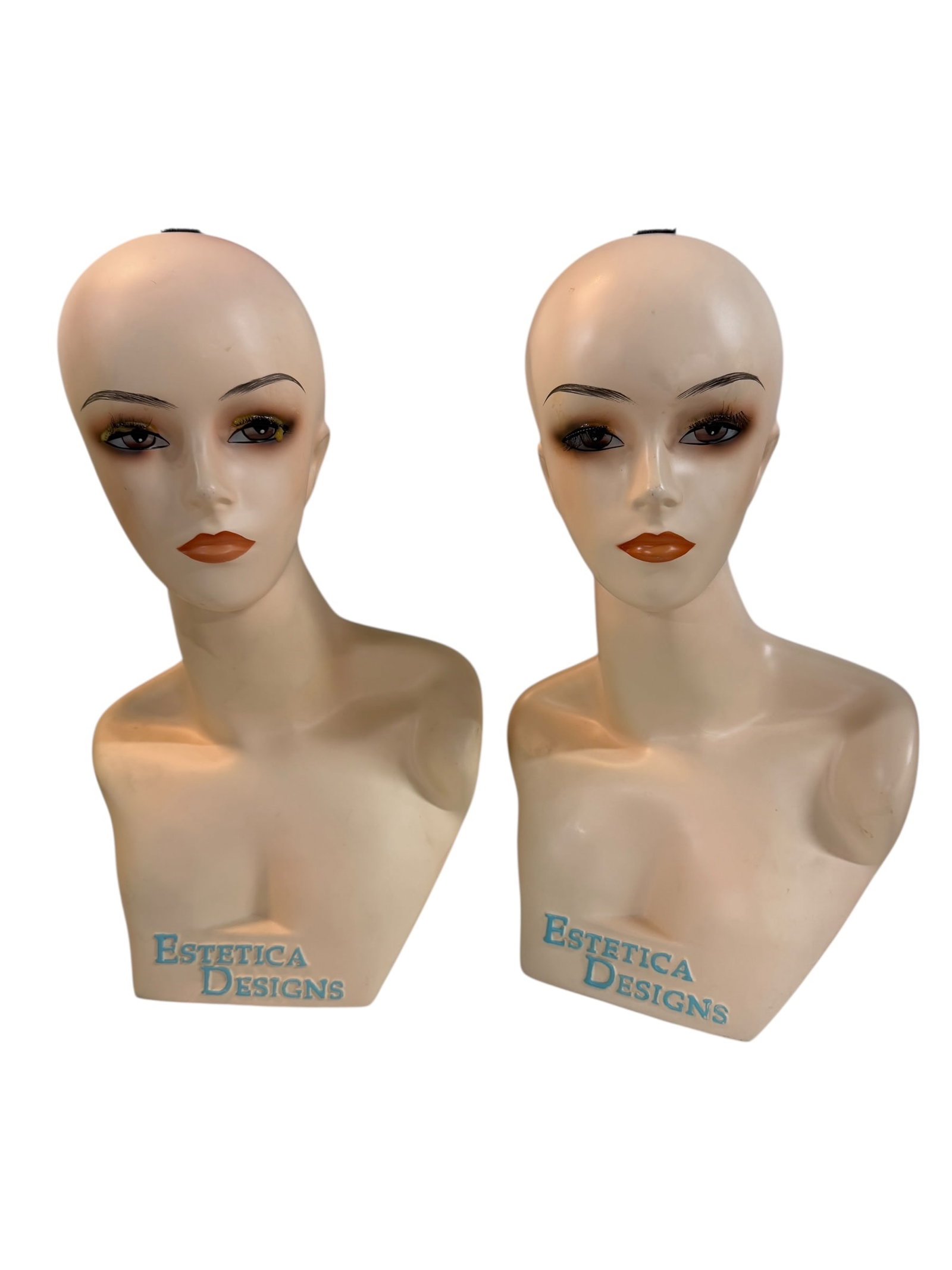Matching Pair Vintage Mannequin Heads: Very nice set of matching heads. 18" tall. Estetica Designs. Each has a swatch of Velcro on the crown for wig placement.