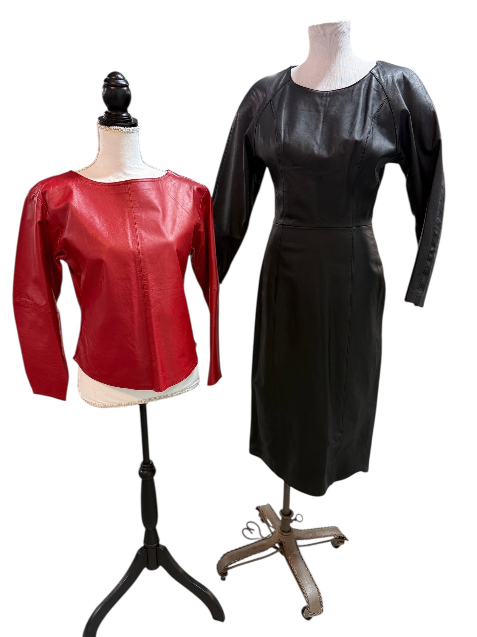 Vintage Leather: Amazing red leather top by Neiman-Marcus (M) and a black leather dress by Laurice