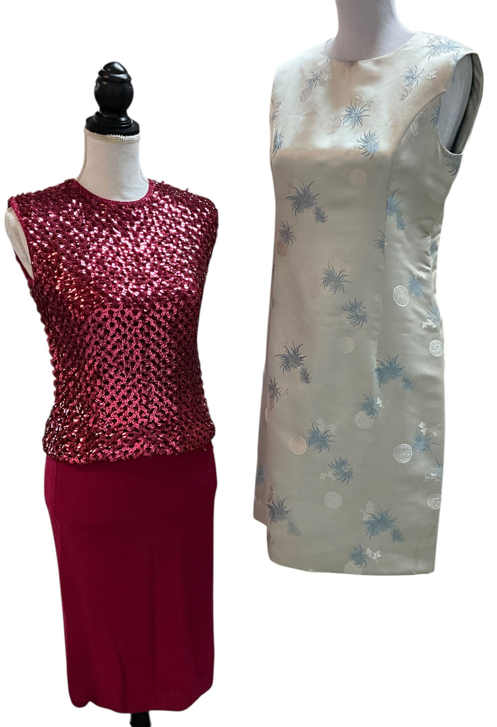 Vintage Sparkles: Two vintage outfits from the 1950s or 1960s. On the left, there is a red sequined sleeveless top with a matching pencil skirt, which is typical of party two-piece sets. On the right, there is a sleeve