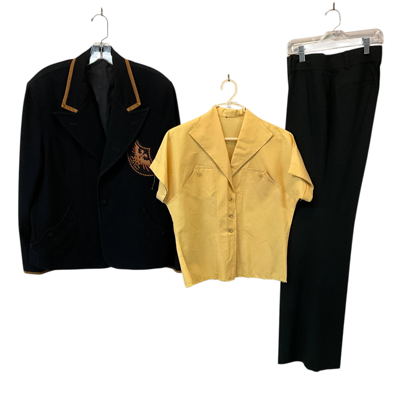 Vintage and Modern Mix of Clothing: This is a vintage women's outfit featuring a black Maurada blazer, a vintage yellow short-sleeve button-down blouse, and modern Ann Taylor black trousers.