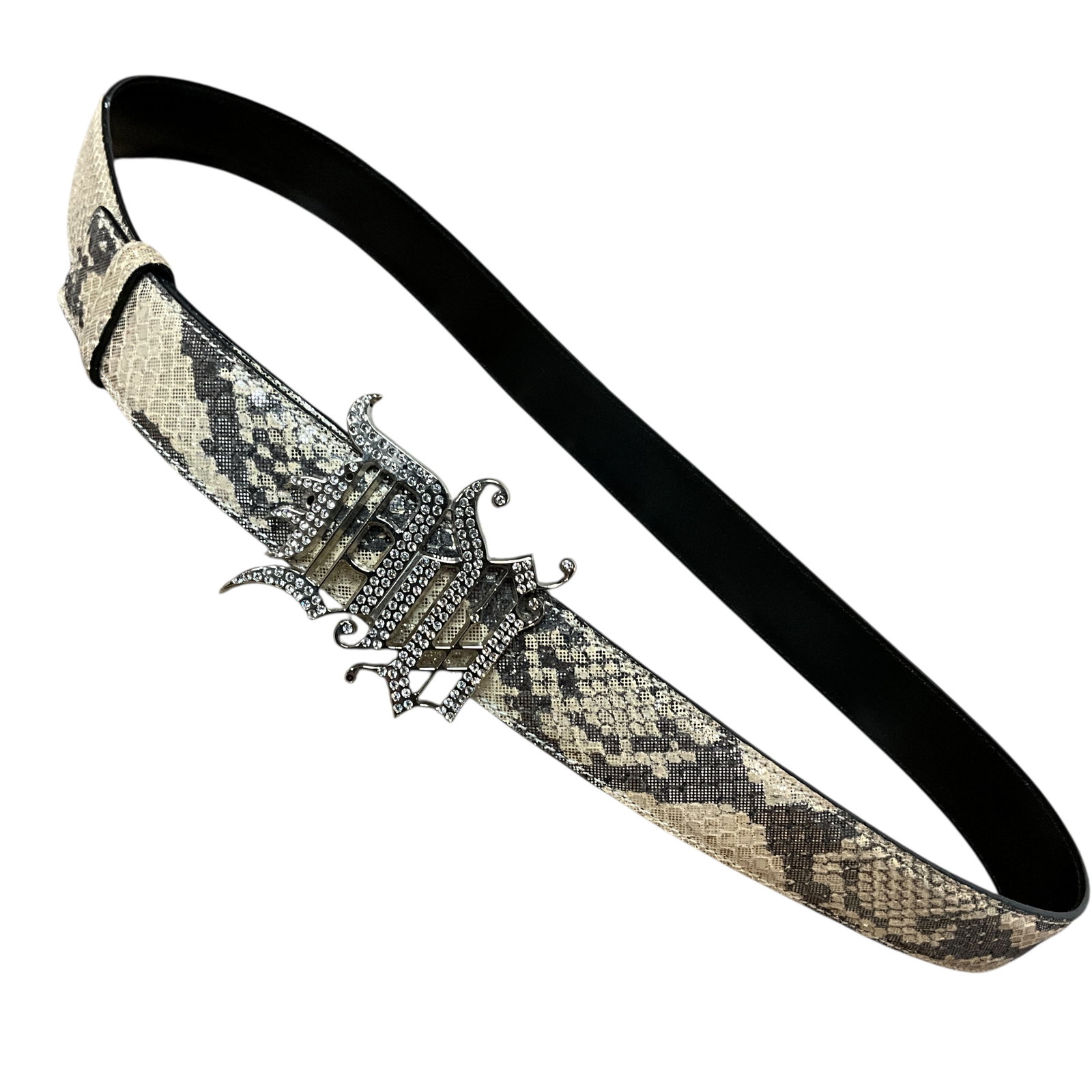 Versace Belt: Genuine Versace Y2K Maximillist belt Snakeskin design. Buckle is a stylized "DV" (Donatella Versace) in round crystals. Super over the top!