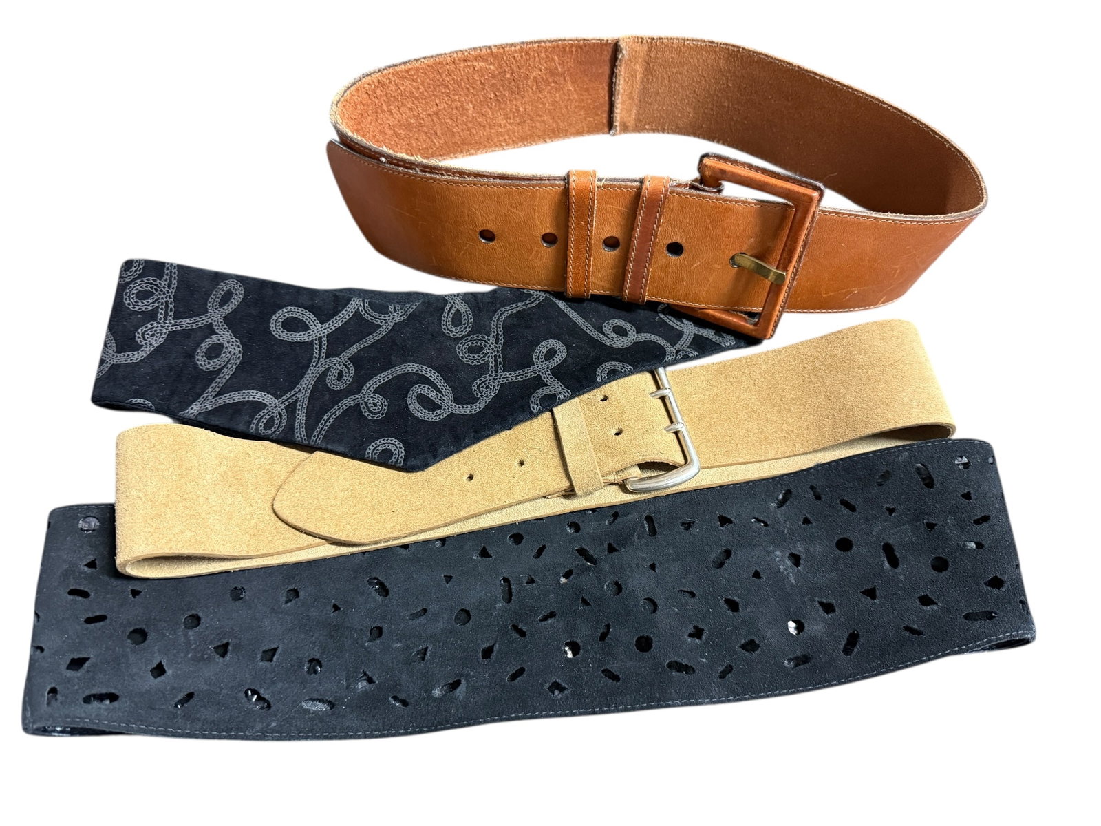 Vintage Belts: Four vintage wide belts. Ages, designs and materials vary. Brands include The Gap, The Limited and others.