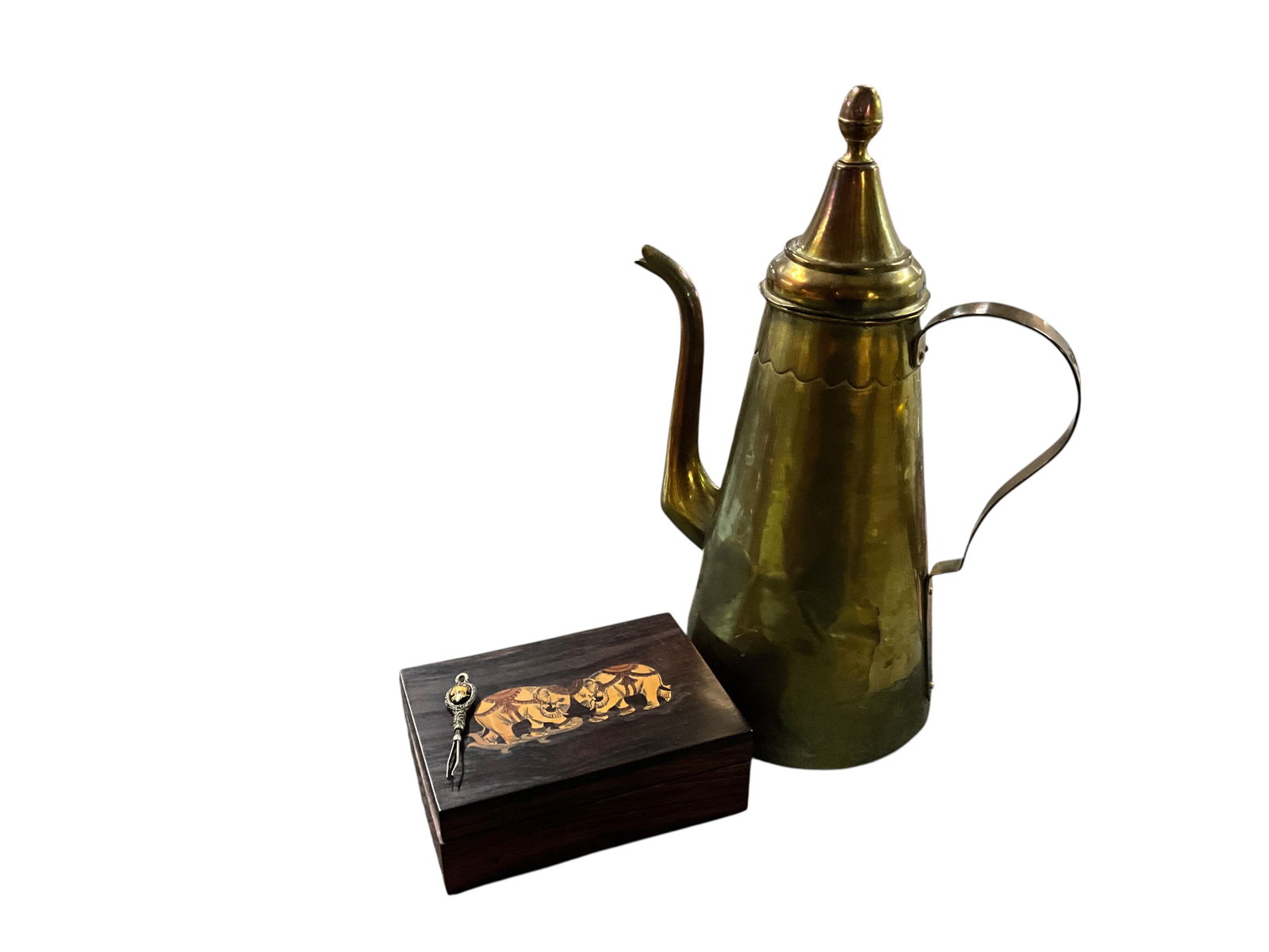Middle Eastern Coffee Pot, Asian Box: Middle Eastern Coffee Pot, Asian Box- a 15" brass and copper coffee pot (cracked- decorative use only) and a rosewood trinket box with inlaid elephants on lid. A bonus is a small pair of souvenir