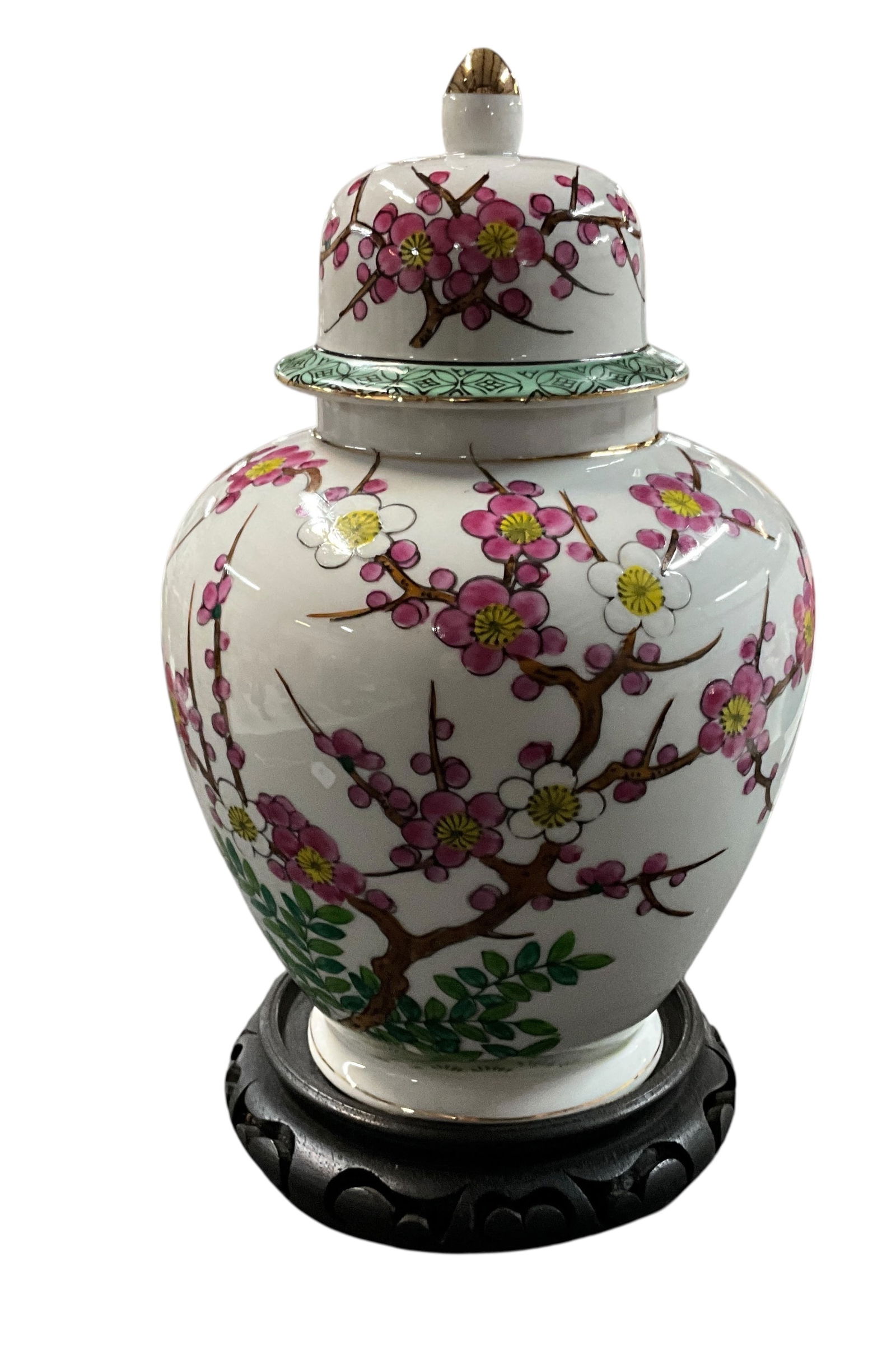 Asian Ginger Jar on Base, Cherry Blossom Motif: Asian Ginger Jar on Base, Cherry Blossom Motif. Possibly Japanese, base does not appear to be original to this jar. Hand painted Cherry blossom motif.