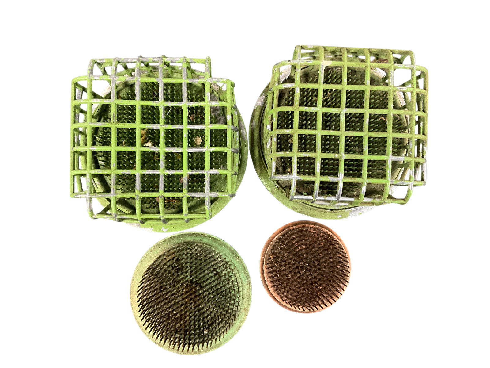 Two Pairs of Vintage Flower Frogs: Two Pairs of Vintage Flower Frogs. Two 5.5" diameter cage style flower frogs with a heavy weighted base and bed of spikes, and two 3" circular frogs with spike beds. These are heavy vintage frogs