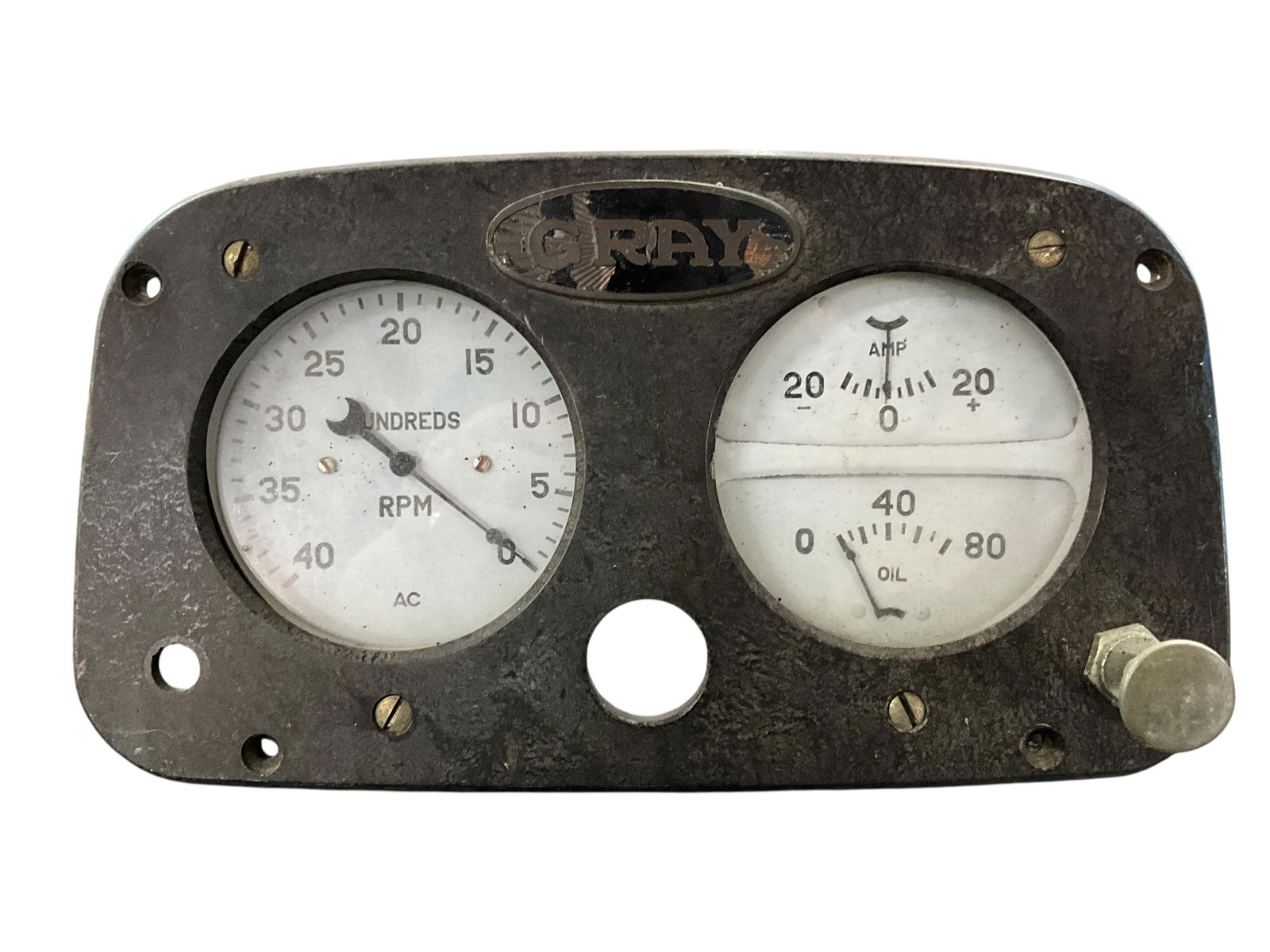 Gray Marine Engine Gauge Cluster: Gray Marine Engine Gauge Cluster, used on pre-WWII wooden boats. Cluster includes a tachometer and a combined oil pressure/ammeter gauge. Significant wear/loss of enameling to Gray logo, otherwise